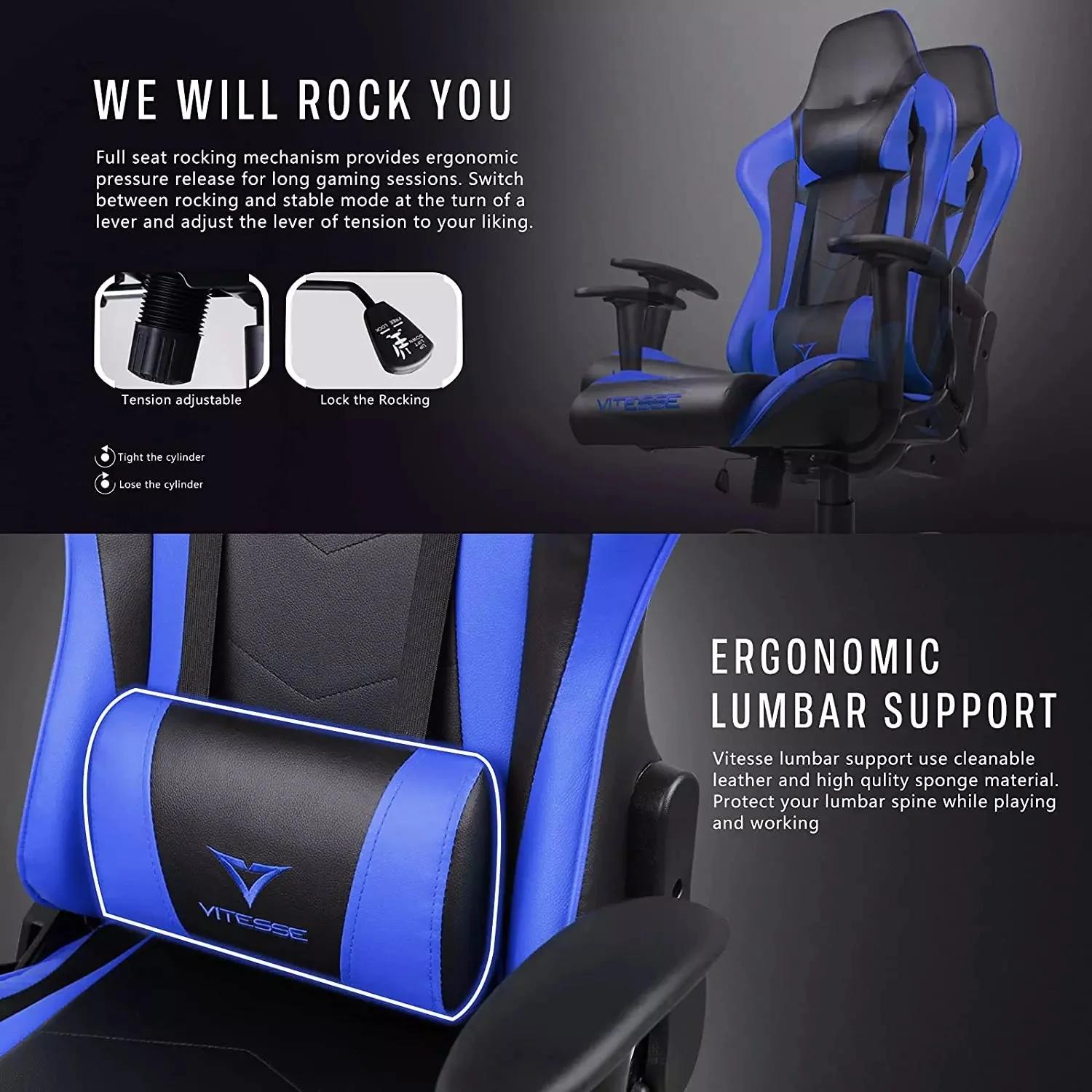 VITESSE Ergonomic Leather Gaming Chair, Reclining PC Gaming Chair VGC01 - Image 57