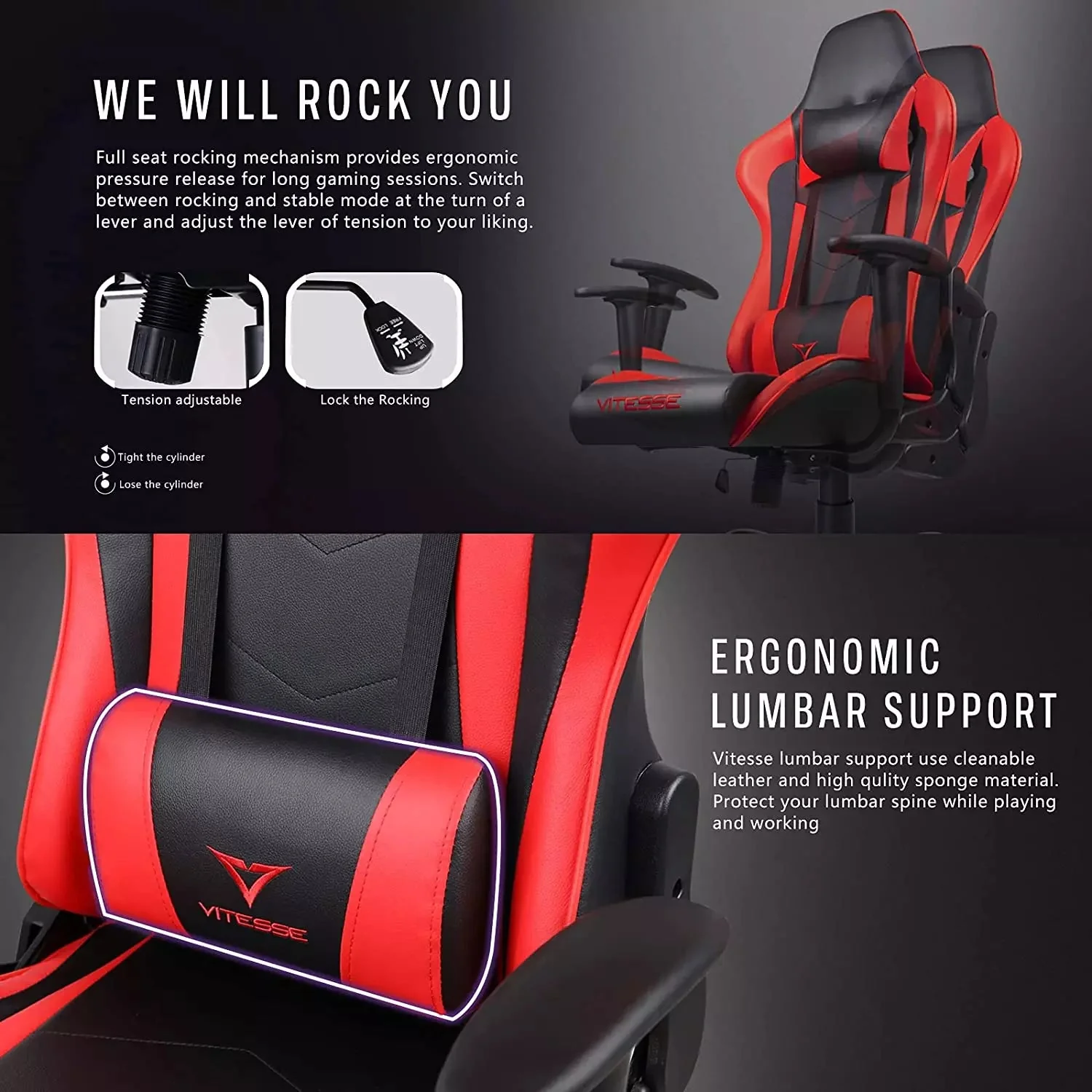 VITESSE Ergonomic Leather Gaming Chair, Reclining PC Gaming Chair VGC01 - Image 6