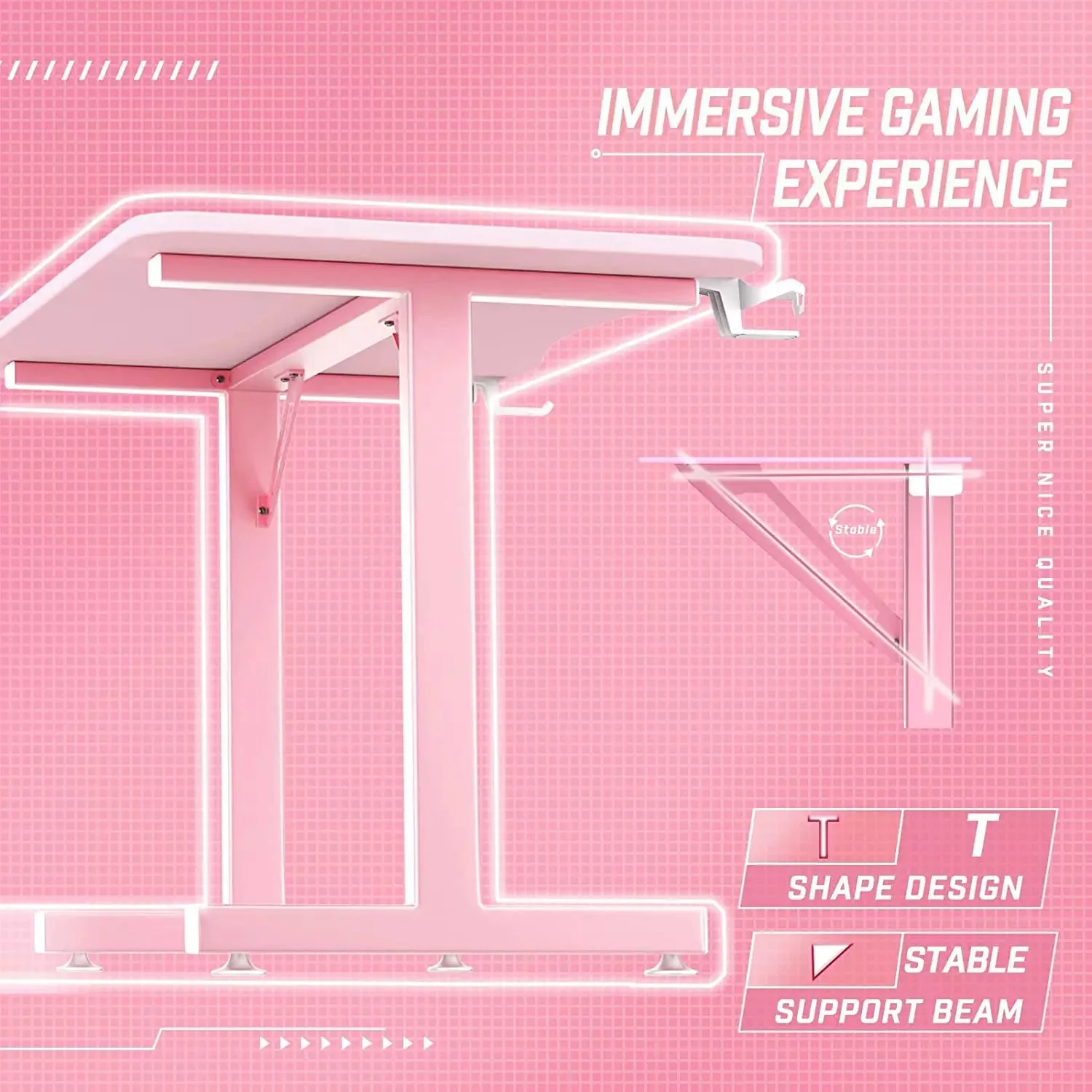 Vitesse 40" Cute Pink T-Shaped Small Gaming Desk with Headphone Hook TD05 - Image 6