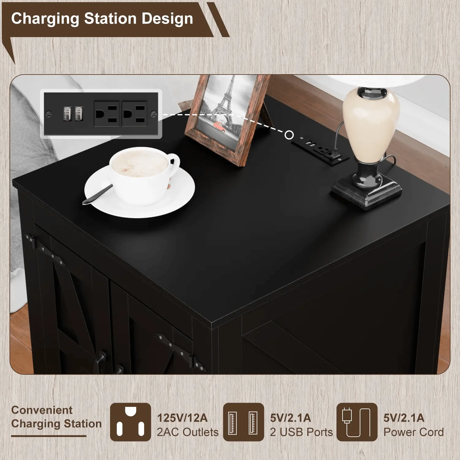 VITESSE Farmhouse End Table, 24" Large Sofa Side Table with Charging Station - Image 12