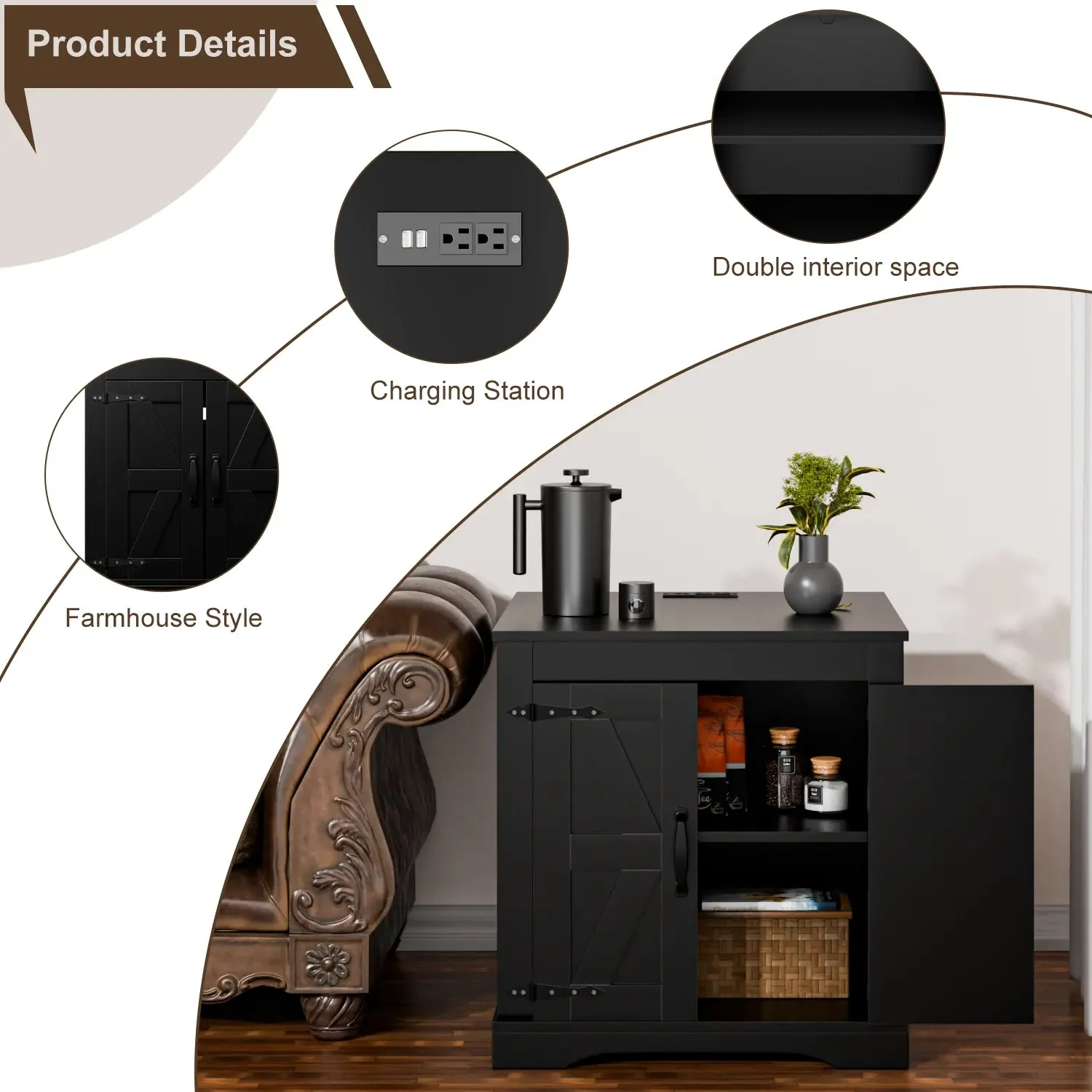 VITESSE Farmhouse End Table, 24" Large Sofa Side Table with Charging Station - Image 13