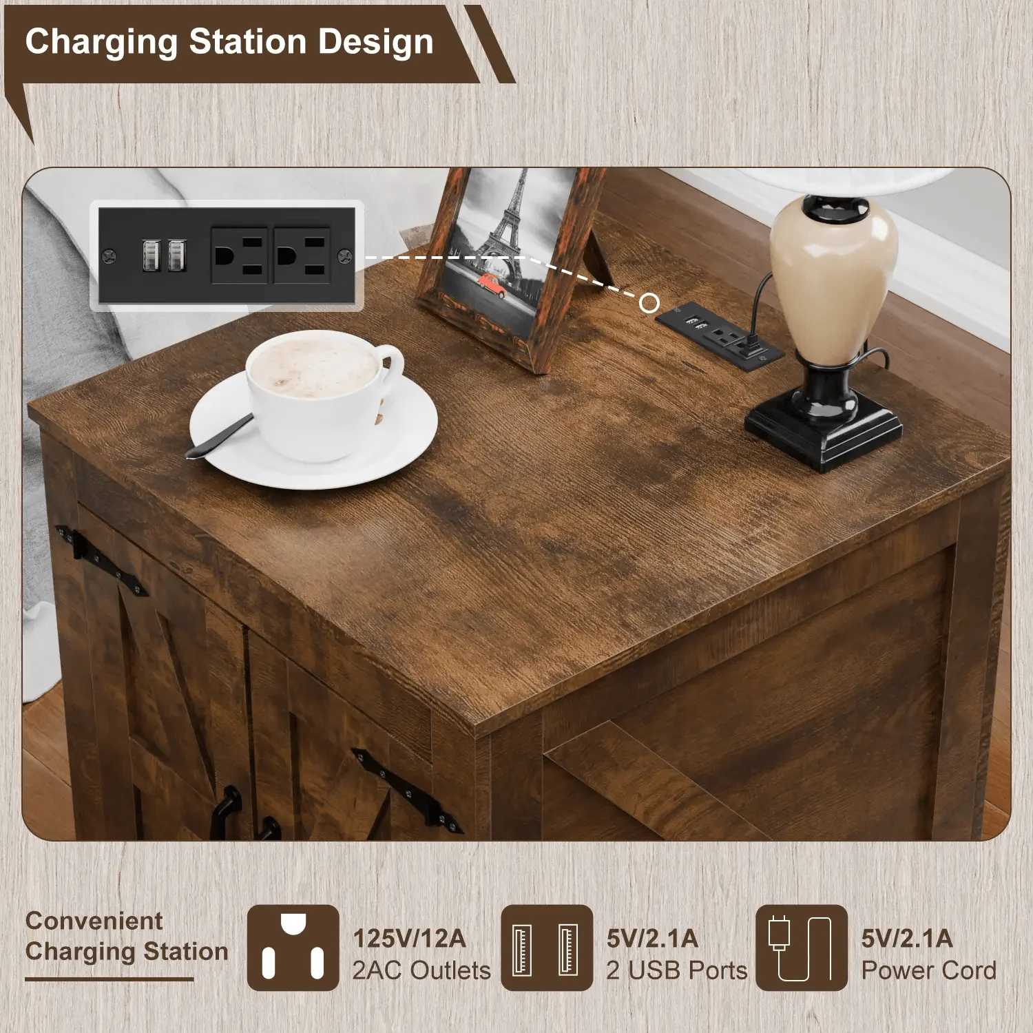 VITESSE Farmhouse End Table, 24" Large Sofa Side Table with Charging Station - Image 20