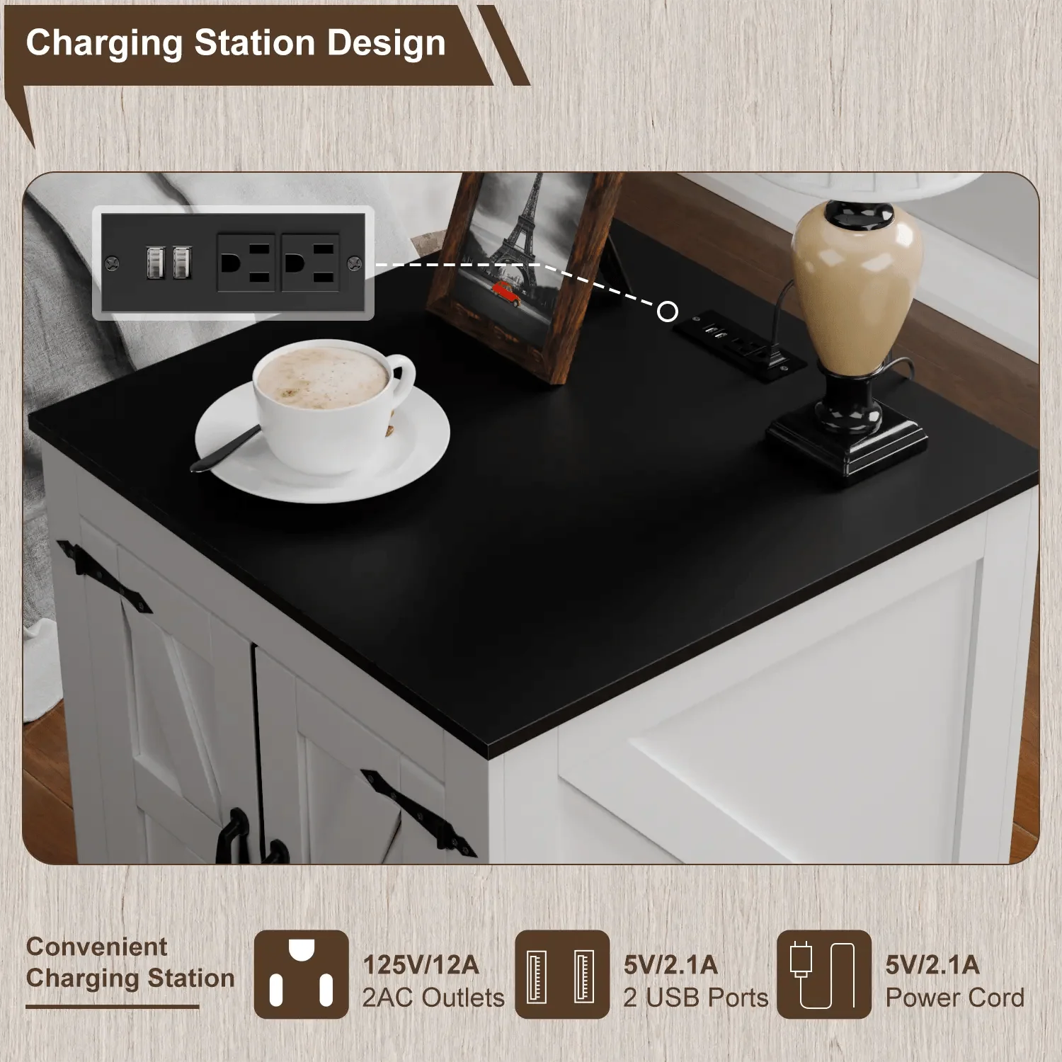VITESSE Farmhouse End Table, 24" Large Sofa Side Table with Charging Station - Image 5