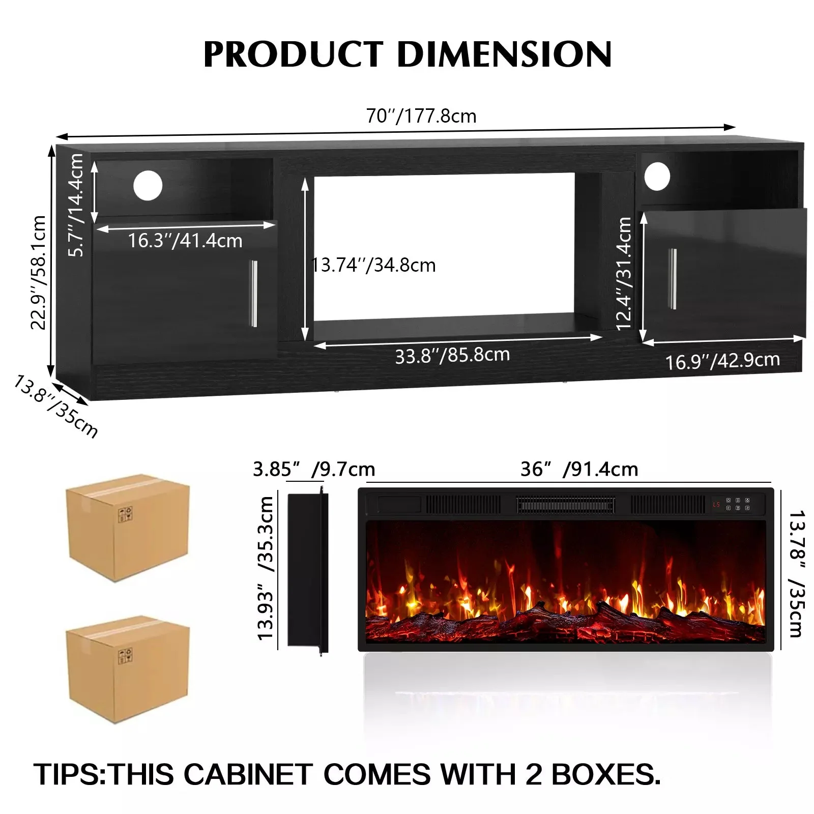 Vitesse 70 inches Fireplace TV Stand with 36 inch Fireplace Up to 80" TVs - Image 13
