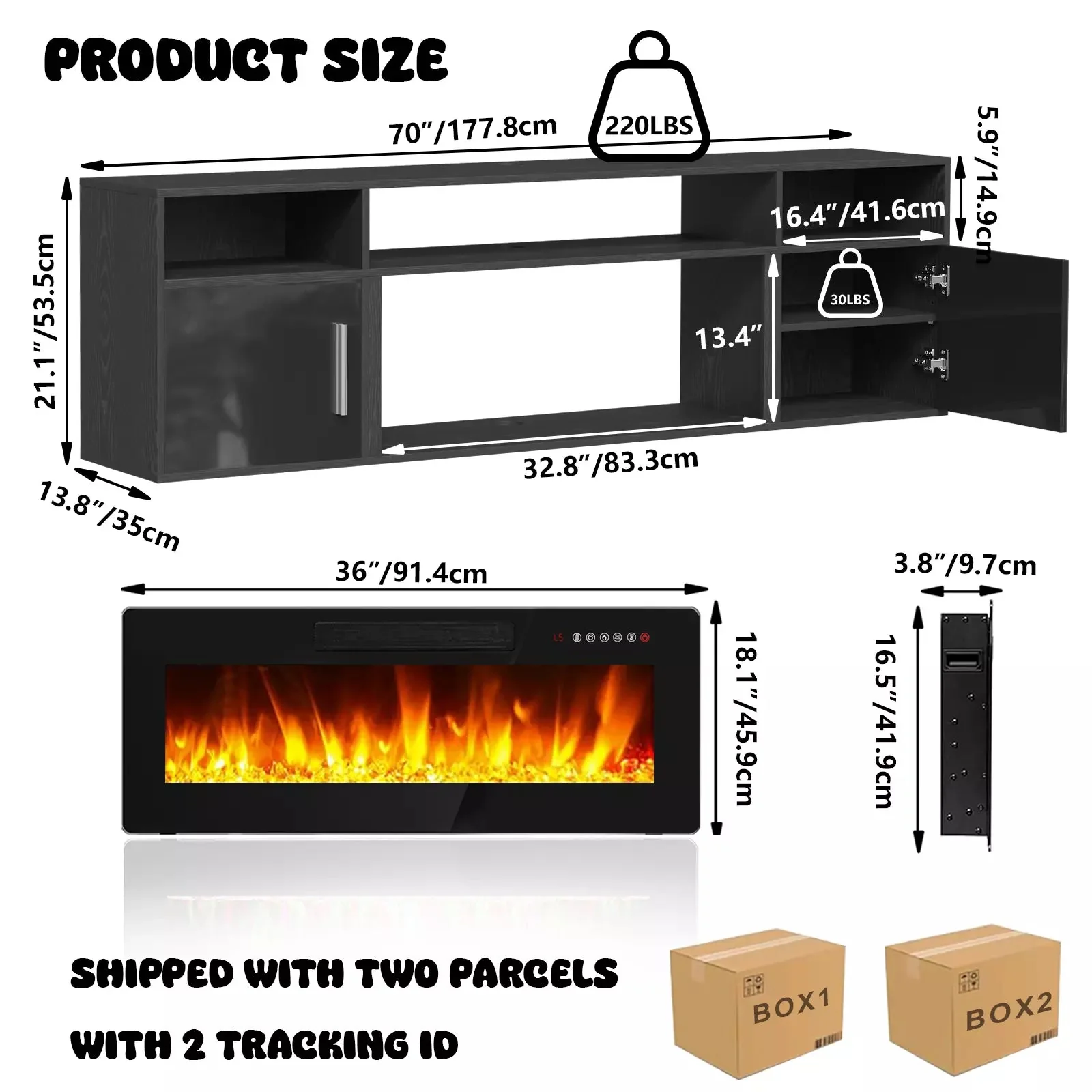 Floating Fireplace TV Stand 70'' Wall Mounted Shelf, LED Light Entertainment Center and Storage, Modern Wood Media TV Console with Highlight Cabinet for Living Room - Image 19