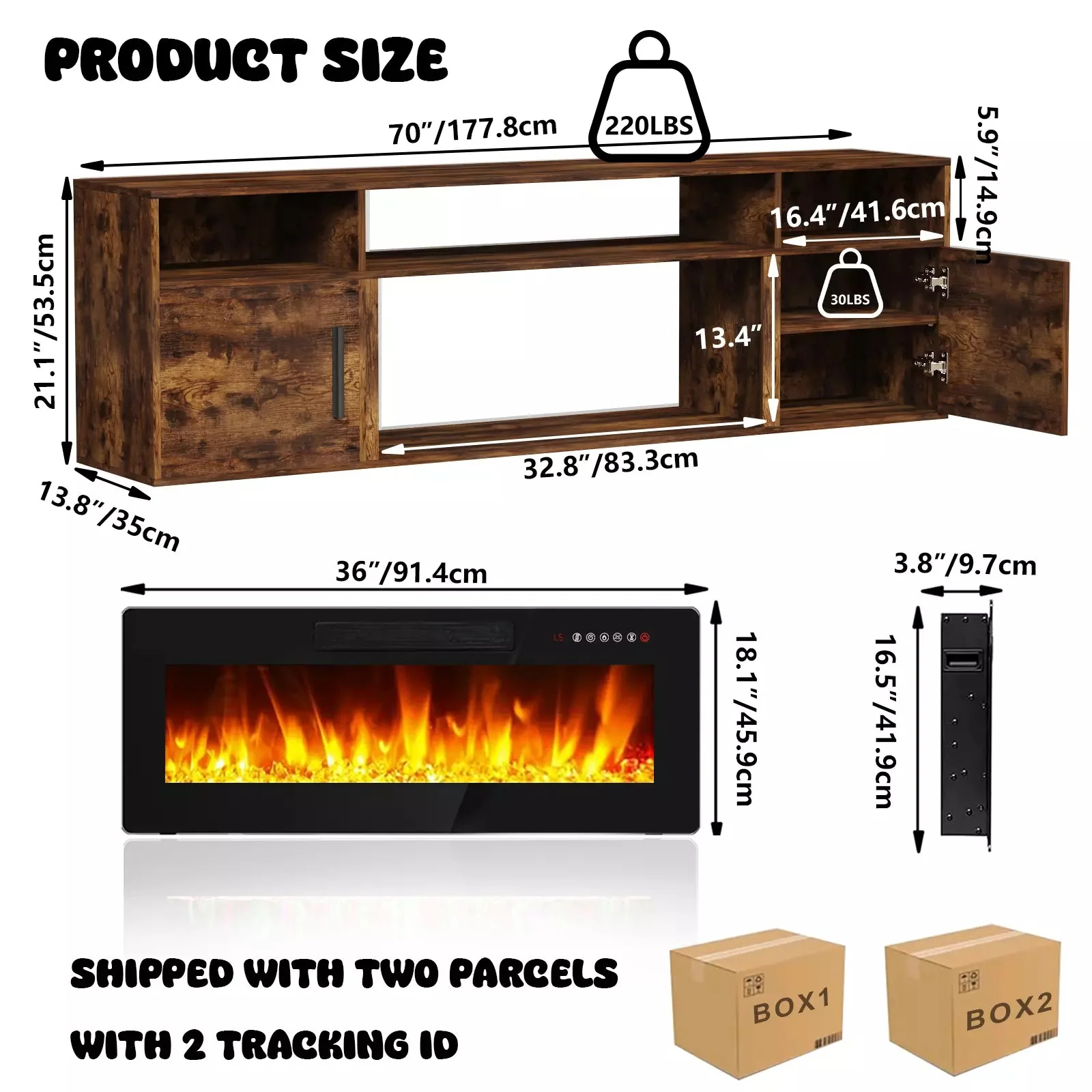 Floating Fireplace TV Stand 70'' Wall Mounted Shelf, LED Light Entertainment Center and Storage, Modern Wood Media TV Console with Highlight Cabinet for Living Room - Image 28