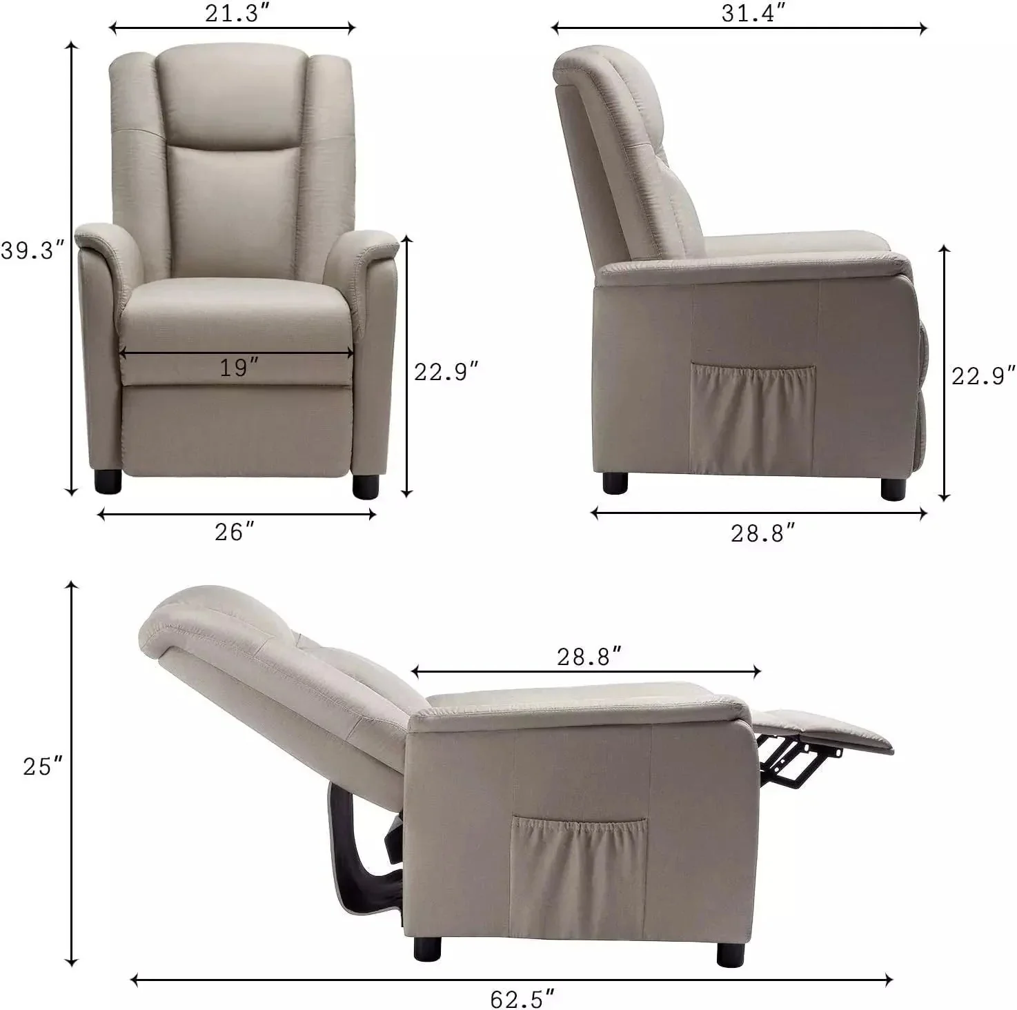 Vitesse Modern Fabric Recliner Chair, Home Theater Seating with Pocket, Lounge Recliner Sofa with Footrest - Image 8