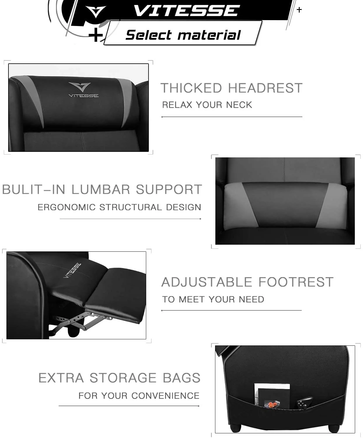 Vitesse Racing Style Single Gaming Recliner & Sofa, Theater Seat - Image 12