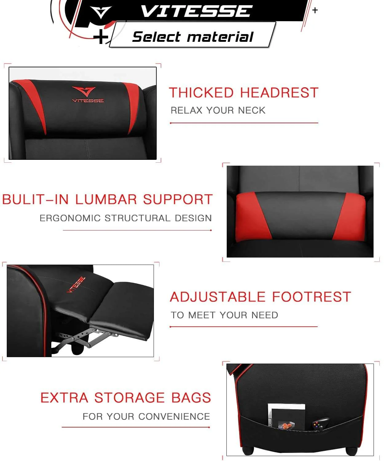 Vitesse Racing Style Single Gaming Recliner & Sofa, Theater Seat - Image 19