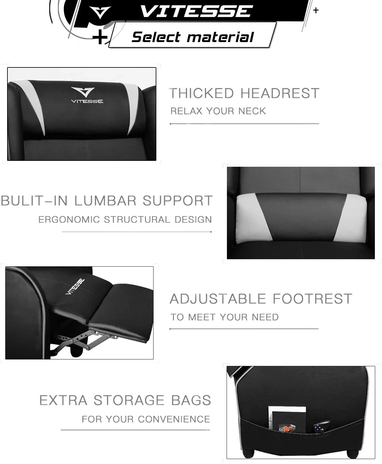 Vitesse Racing Style Single Gaming Recliner & Sofa, Theater Seat - Image 26