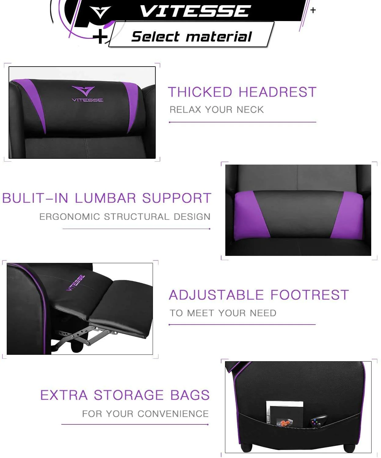 Vitesse Racing Style Single Gaming Recliner & Sofa, Theater Seat - Image 33