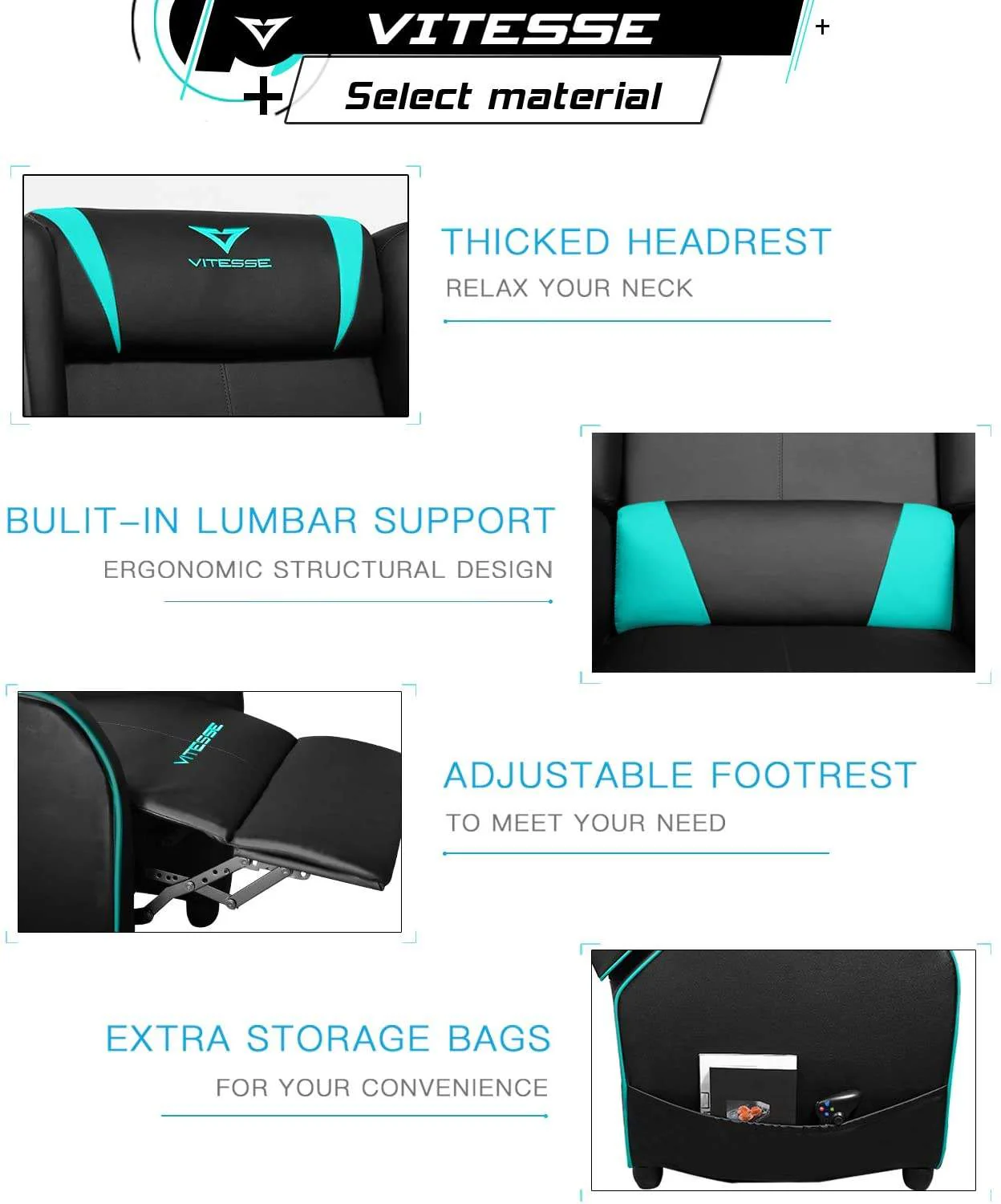 Vitesse Racing Style Single Gaming Recliner & Sofa, Theater Seat - Image 40