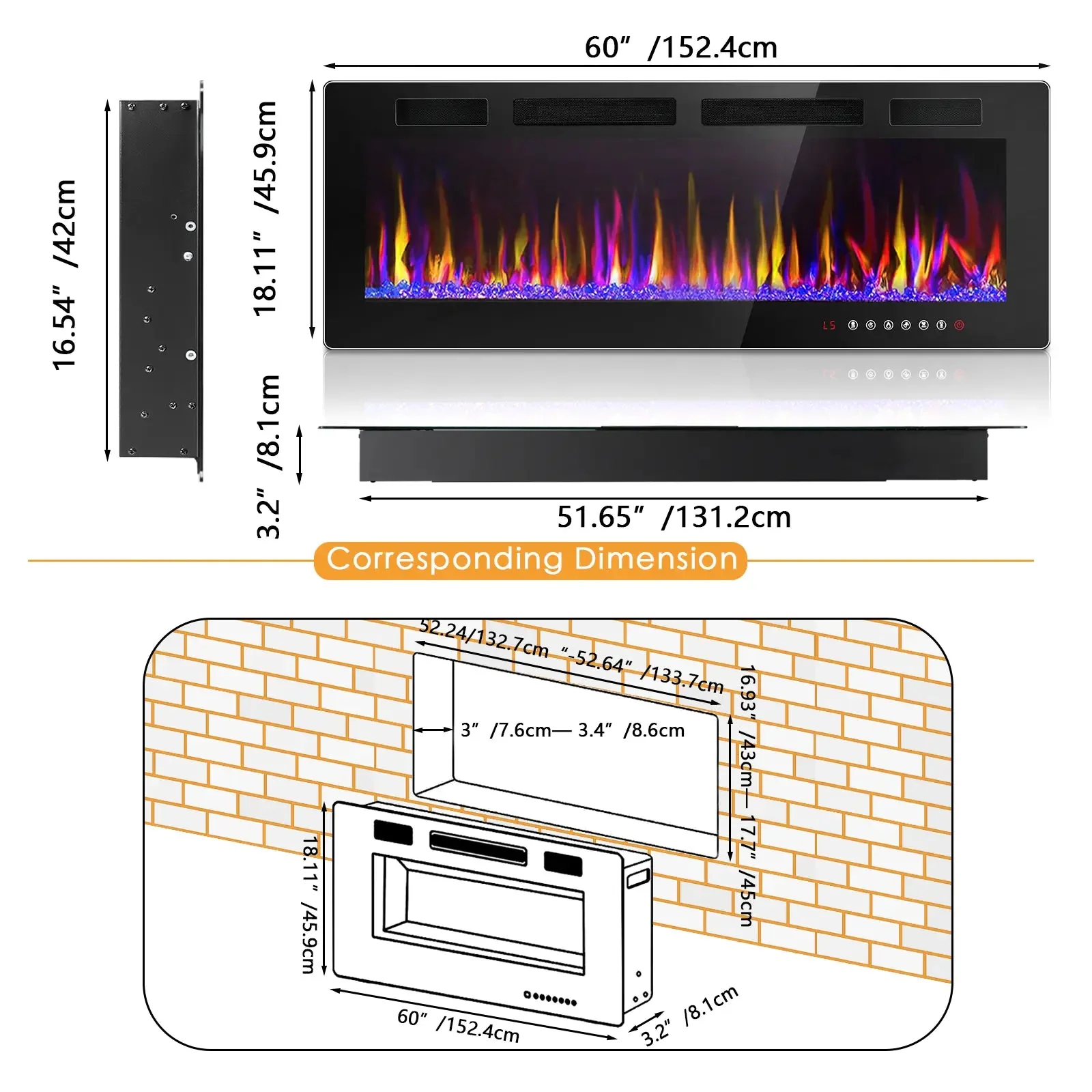 Vitesse Electric Fireplace Recessed and Wall Mounted Heater with Touch Screen Control Panel - Image 11