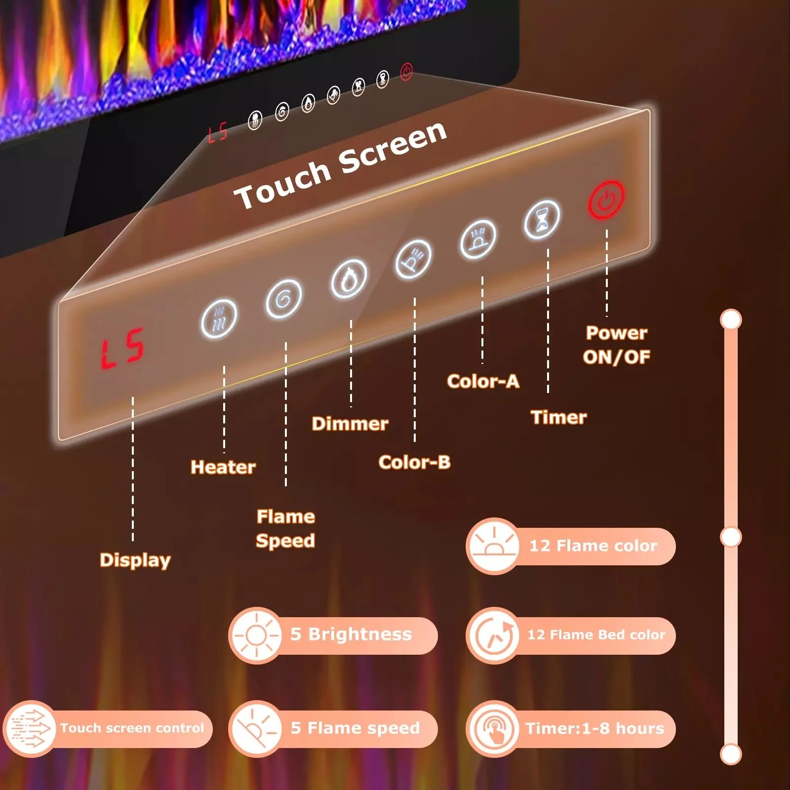 Vitesse Electric Fireplace Recessed and Wall Mounted Heater with Touch Screen Control Panel - Image 5