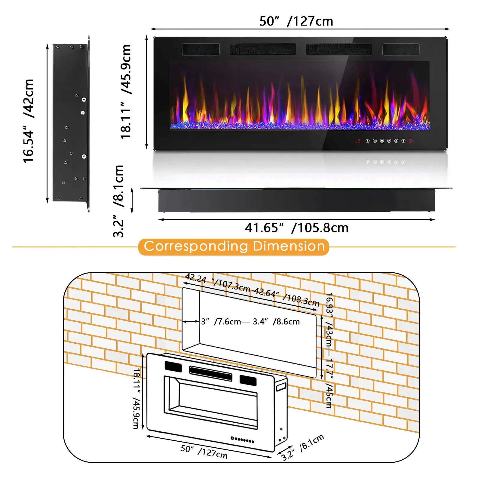 Vitesse Electric Fireplace Recessed and Wall Mounted Heater with Touch Screen Control Panel - Image 9