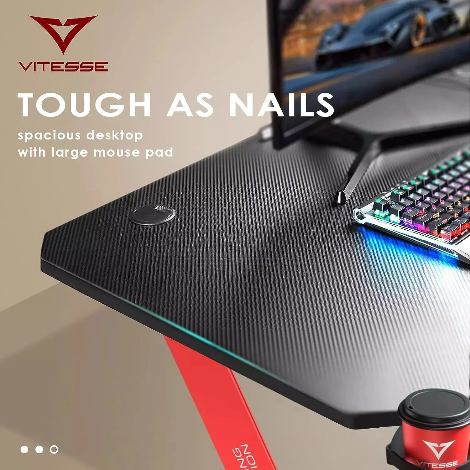 Vitesse Ergonomic Z-Shaped Gaming Desk with Mousepad and Handle Rack ZD01 - Image 26
