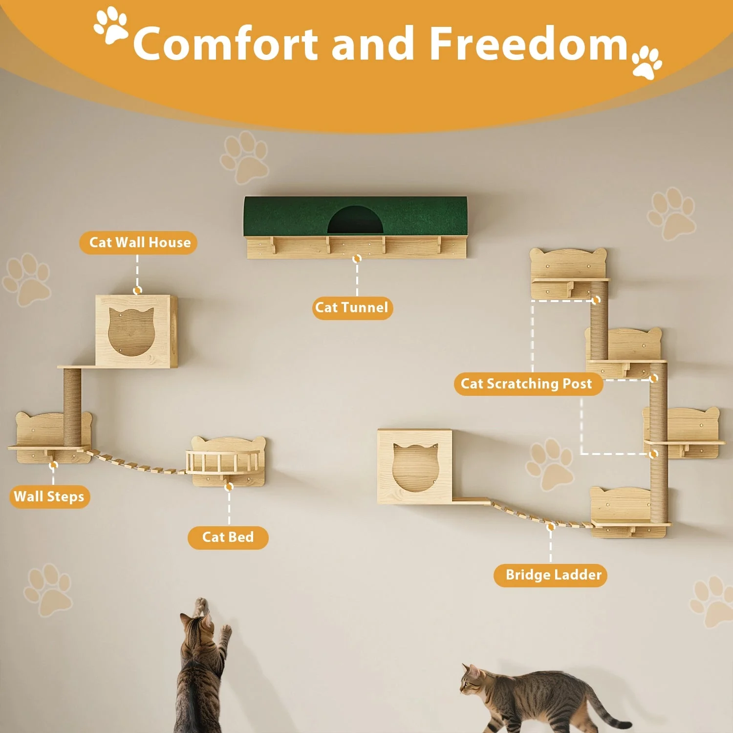 Waleaf 16 Piece Cat Wall Shelves for Indoor cats,Wall Mounted Cat Climber Set with House,Tunnel,Bridge,Steps,Scratcher,Bed - Image 17