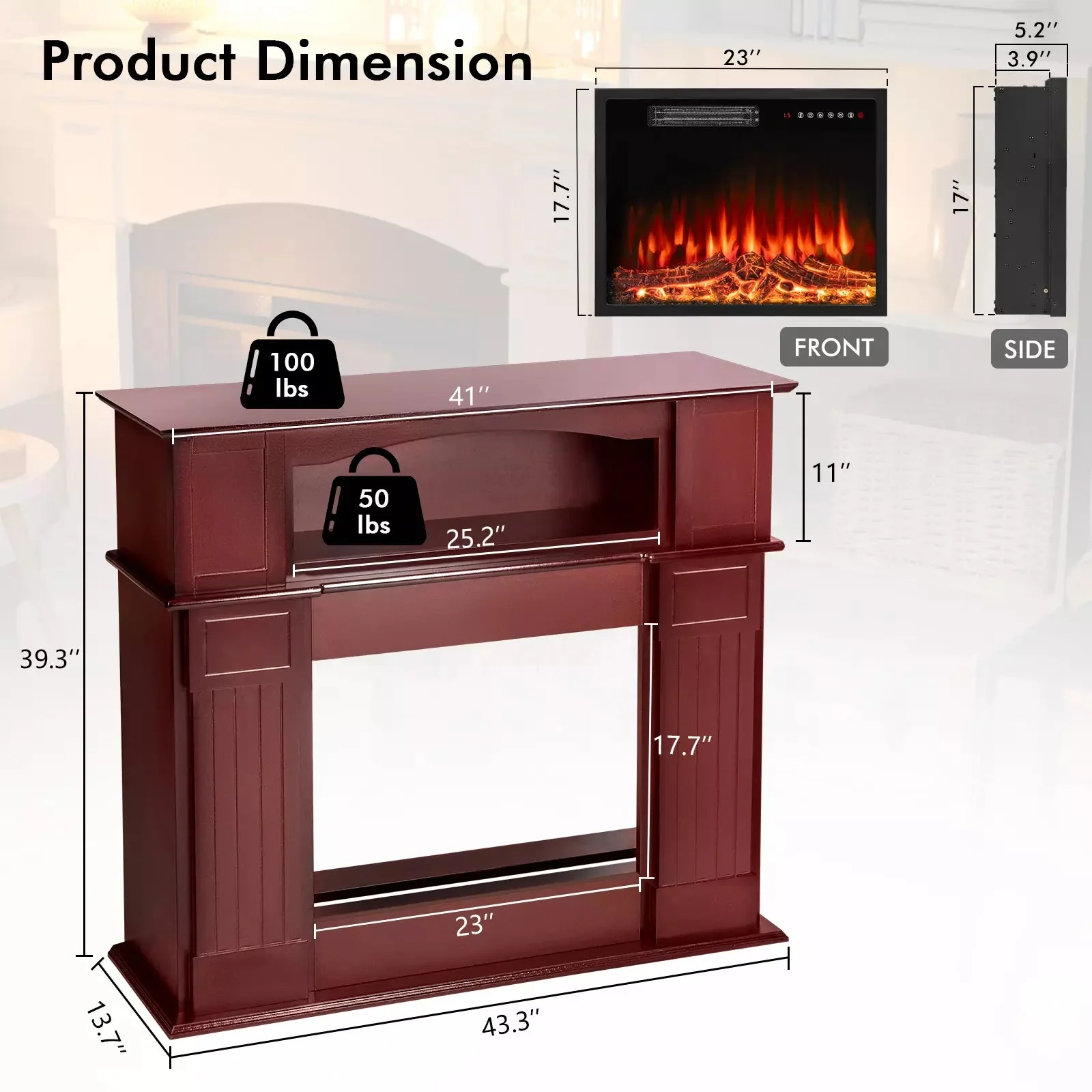 Waleaf 43" Electric Fireplace with Mantel, 23 inch Electric Fireplace Insert - Image 12