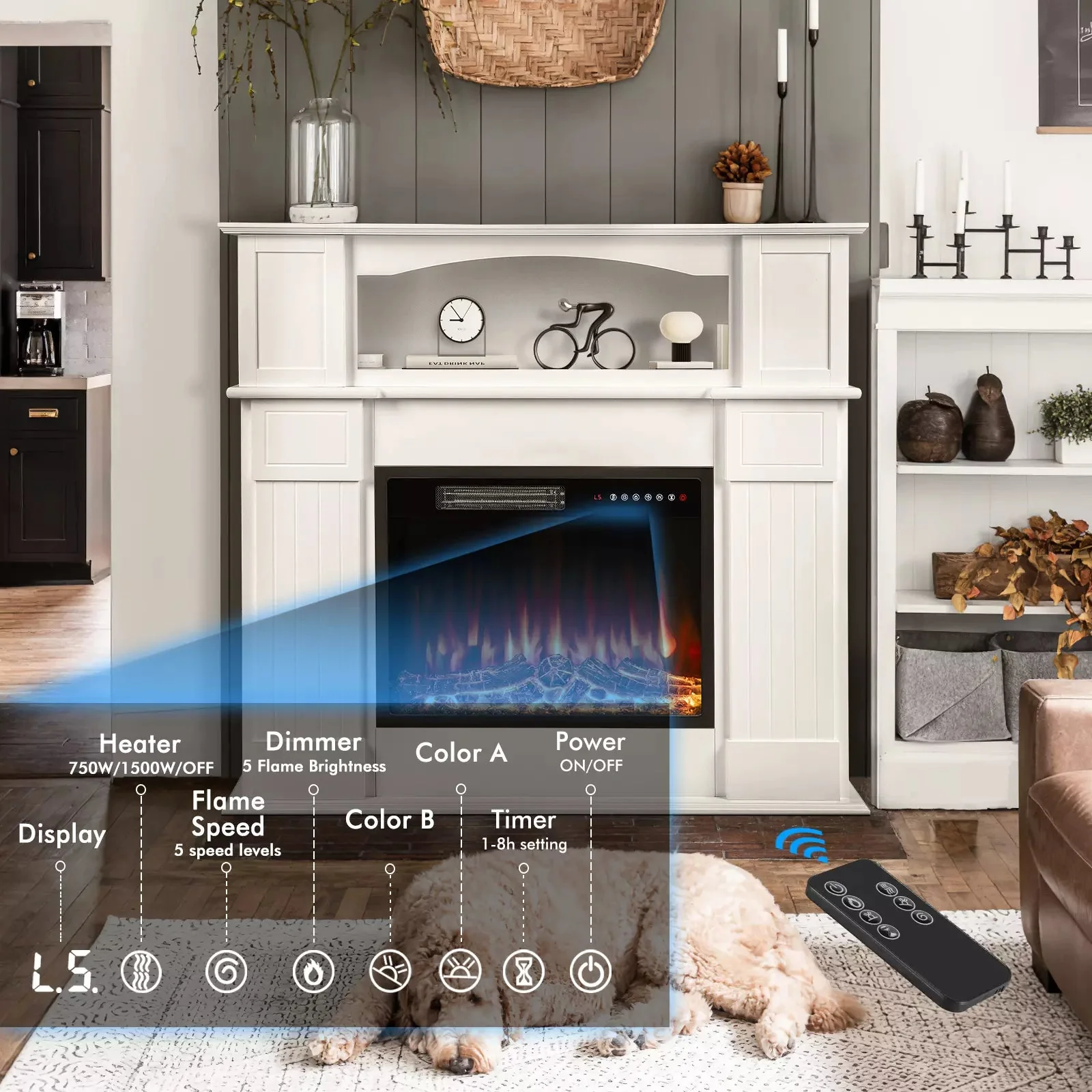 Waleaf 43" Electric Fireplace with Mantel, 23 inch Electric Fireplace Insert - Image 3