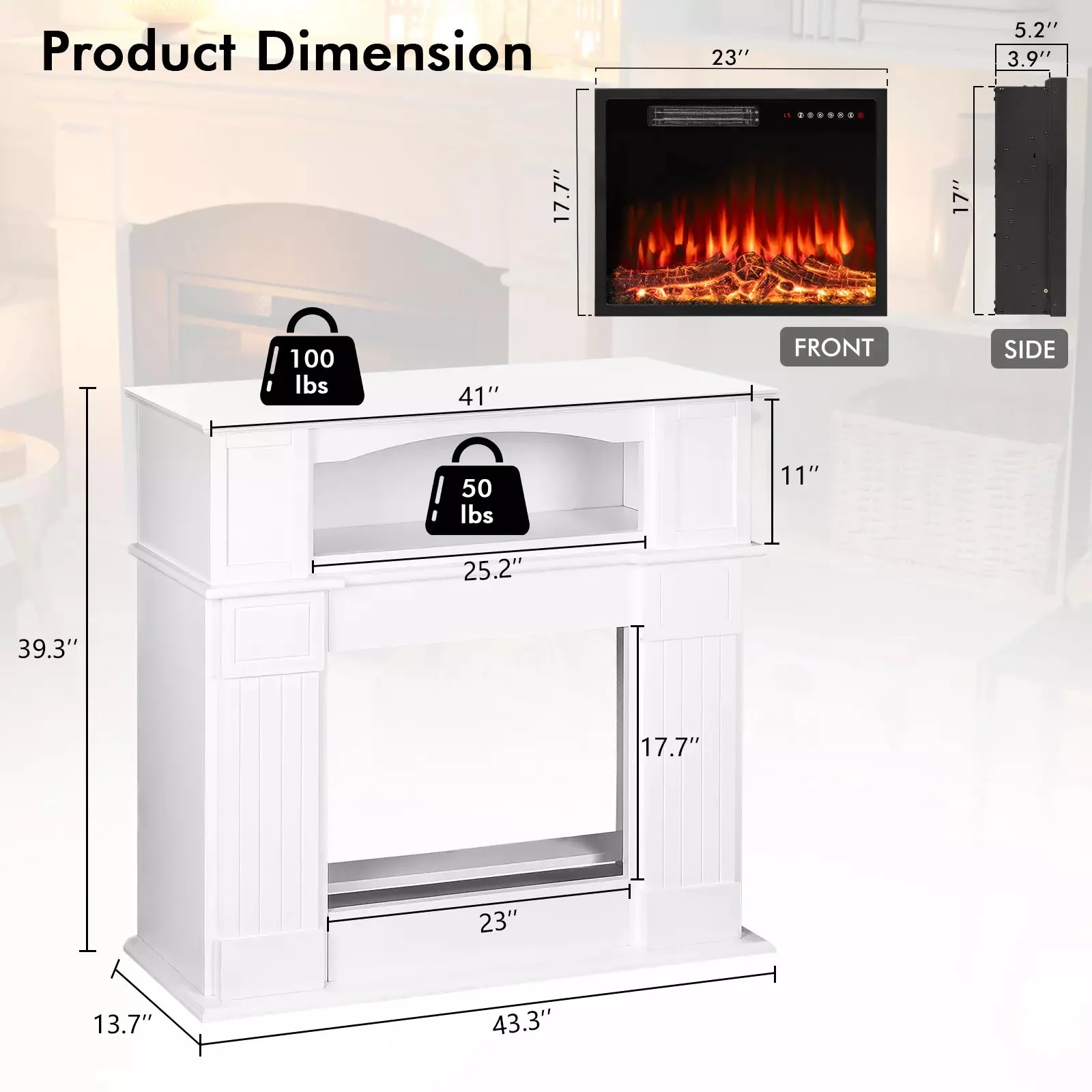Waleaf 43" Electric Fireplace with Mantel, 23 inch Electric Fireplace Insert - Image 5