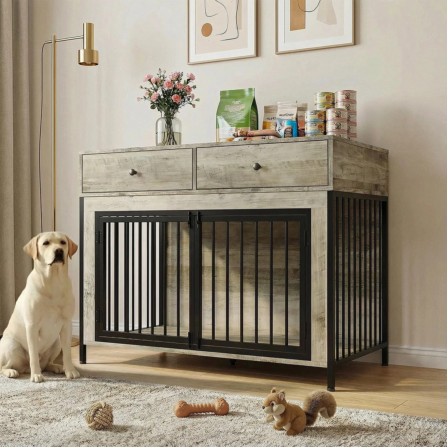 Waleaf 44 Inch double Dog Crate Furniture with 2 Storage Drawers,Wooden Dog Kennel for Inside,tables with dog crate for Large Medium Small Dogs - Image 2