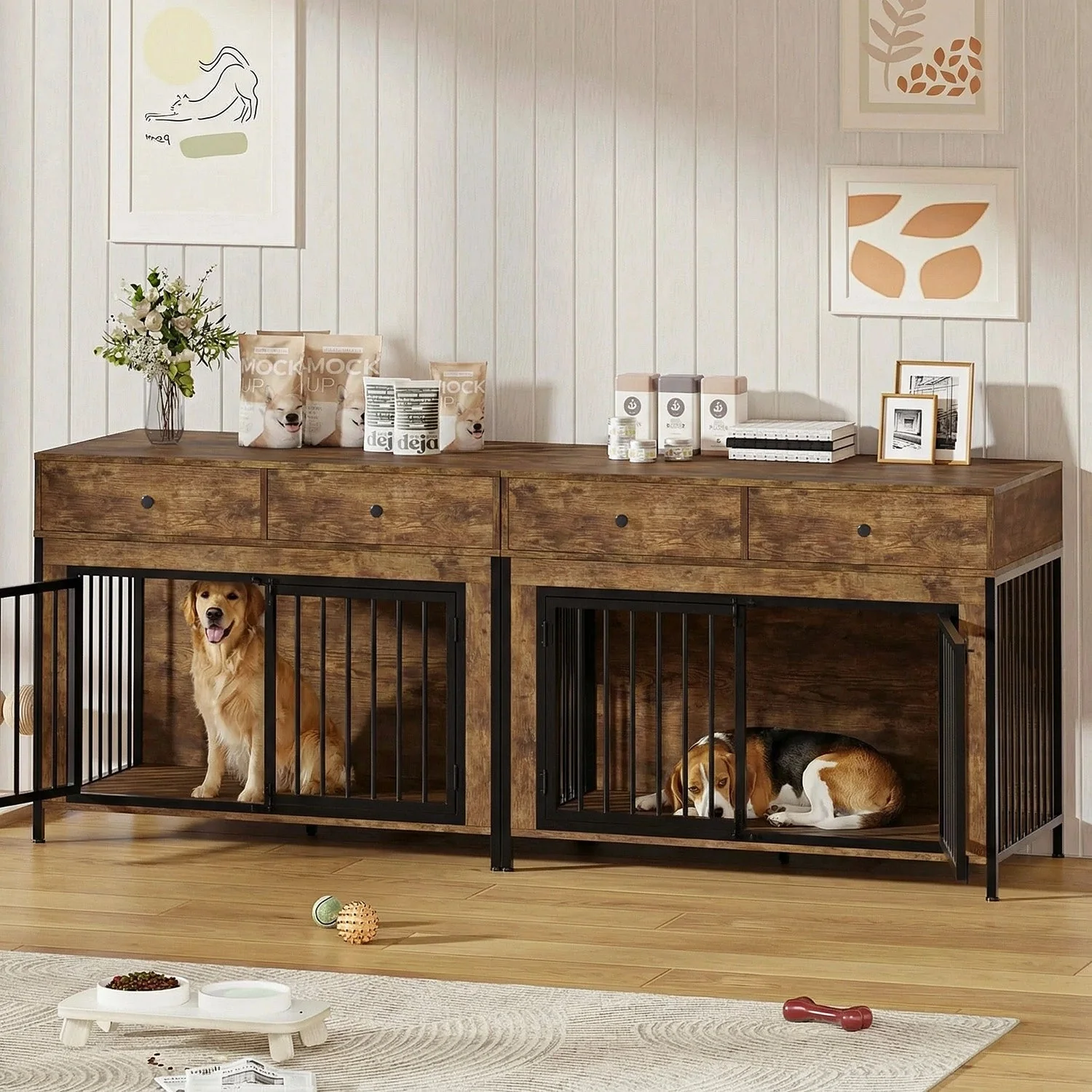 Waleaf 44 Inch double Dog Crate Furniture with 2 Storage Drawers,Wooden Dog Kennel for Inside,tables with dog crate for Large Medium Small Dogs - Image 3
