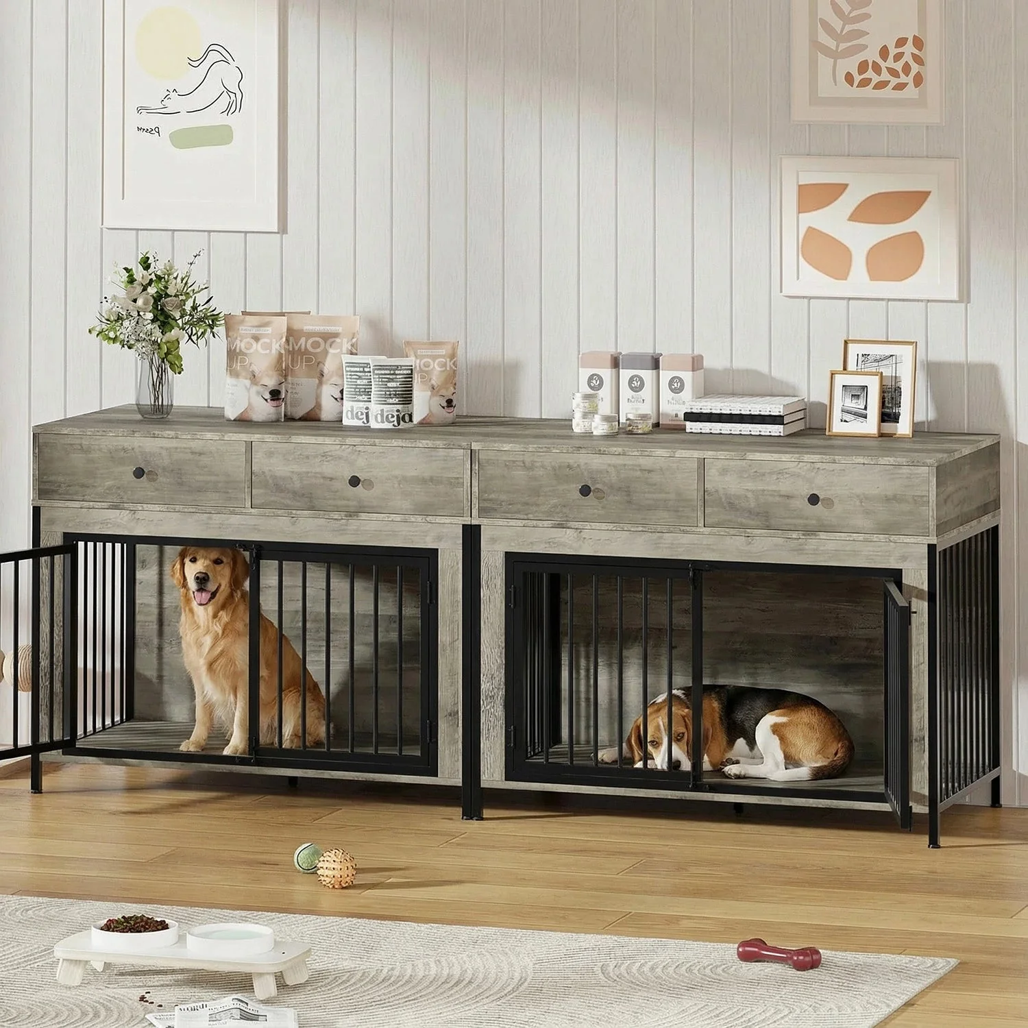 Waleaf 44 Inch double Dog Crate Furniture with 2 Storage Drawers,Wooden Dog Kennel for Inside,tables with dog crate for Large Medium Small Dogs - Image 4
