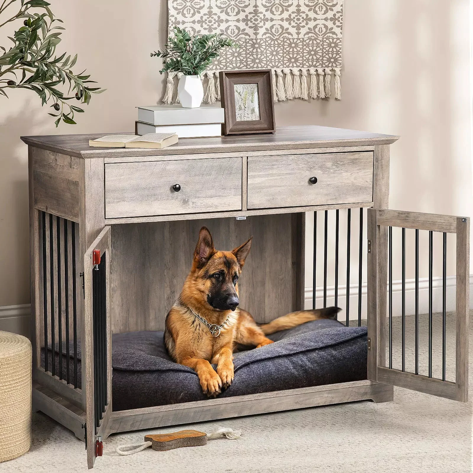 Waleaf 44 Inch Large Dog Crate Furniture, Wooden Dog Kennel End Table with Storage Drawers, Decorative Pet Cage Dog House Indoor for Dogs - Image 3