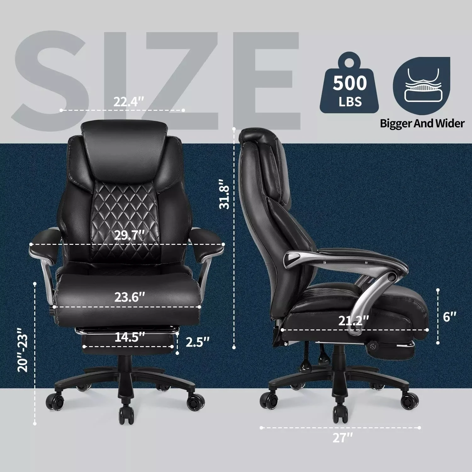 Waleaf 500lbs Big and Tall Office Chair with Adjustable Headrest for Adults, Computer Chair Home Office Desk Chair with Retractable Footrest for Home Office - Image 7