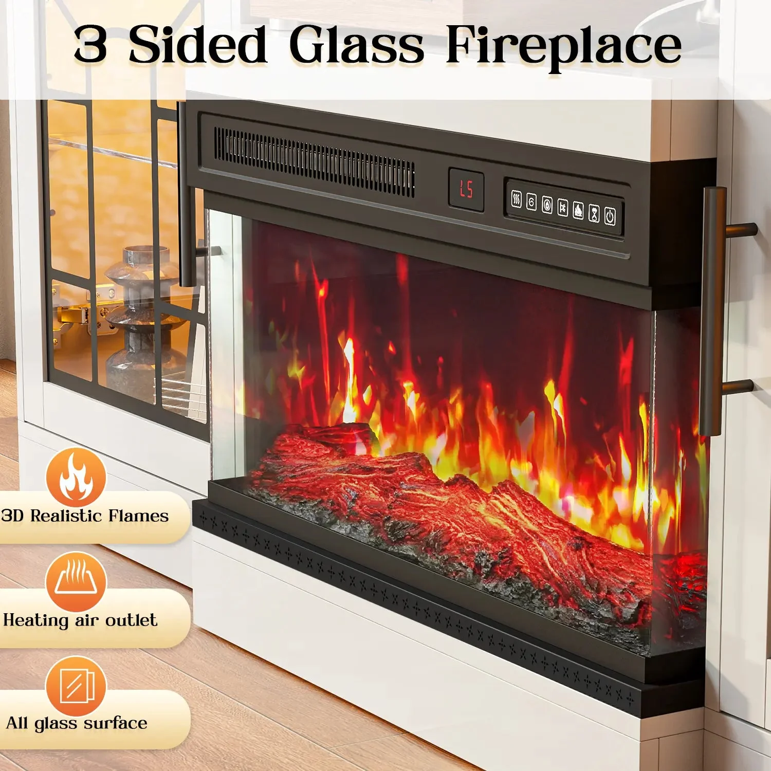 WALEAF 60'' Fireplace TV Stand,3 Sided Glass Media Entertainment Center Console Table for TVs up to 70'' with Storage Drawers & Cabinets with LED Flame and Lights for Living Room - Image 11