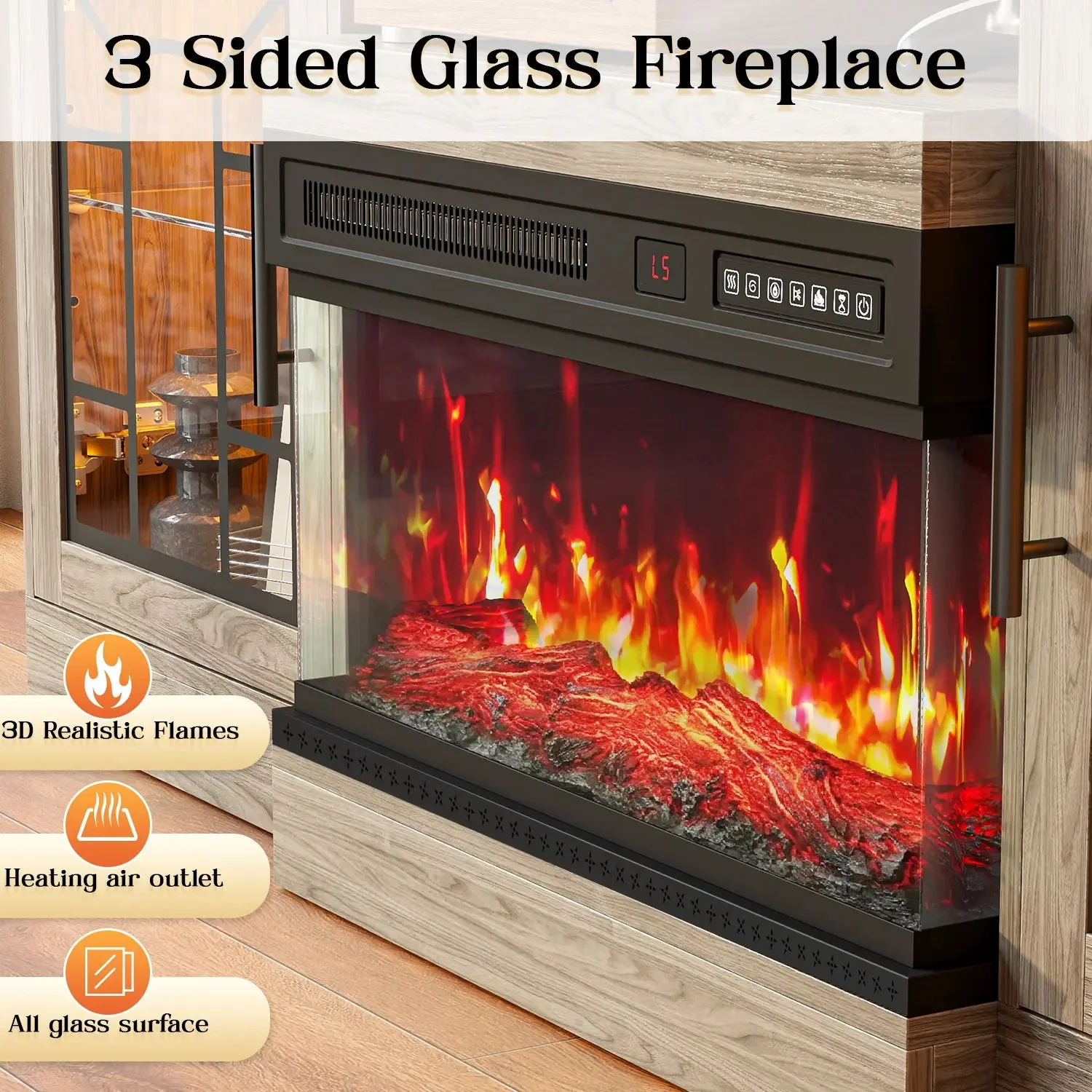 WALEAF 60'' Fireplace TV Stand,3 Sided Glass Media Entertainment Center Console Table for TVs up to 70'' with Storage Drawers & Cabinets with LED Flame and Lights for Living Room - Image 13