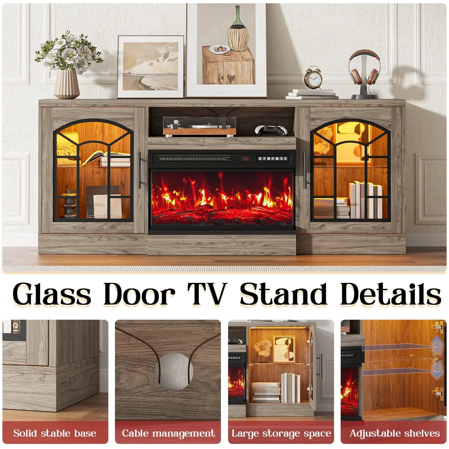 WALEAF 60'' Fireplace TV Stand,3 Sided Glass Media Entertainment Center Console Table for TVs up to 70'' with Storage Drawers & Cabinets with LED Flame and Lights for Living Room - Image 15