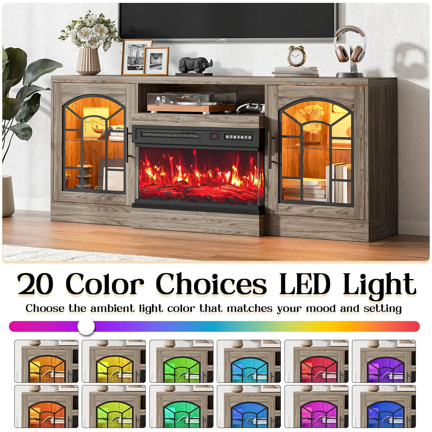 WALEAF 60'' Fireplace TV Stand,3 Sided Glass Media Entertainment Center Console Table for TVs up to 70'' with Storage Drawers & Cabinets with LED Flame and Lights for Living Room - Image 16
