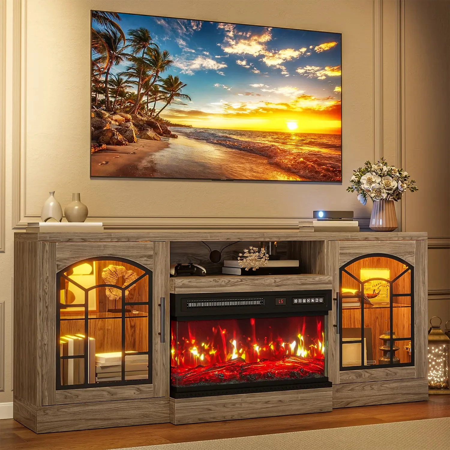 WALEAF 60'' Fireplace TV Stand,3 Sided Glass Media Entertainment Center Console Table for TVs up to 70'' with Storage Drawers & Cabinets with LED Flame and Lights for Living Room - Image 17