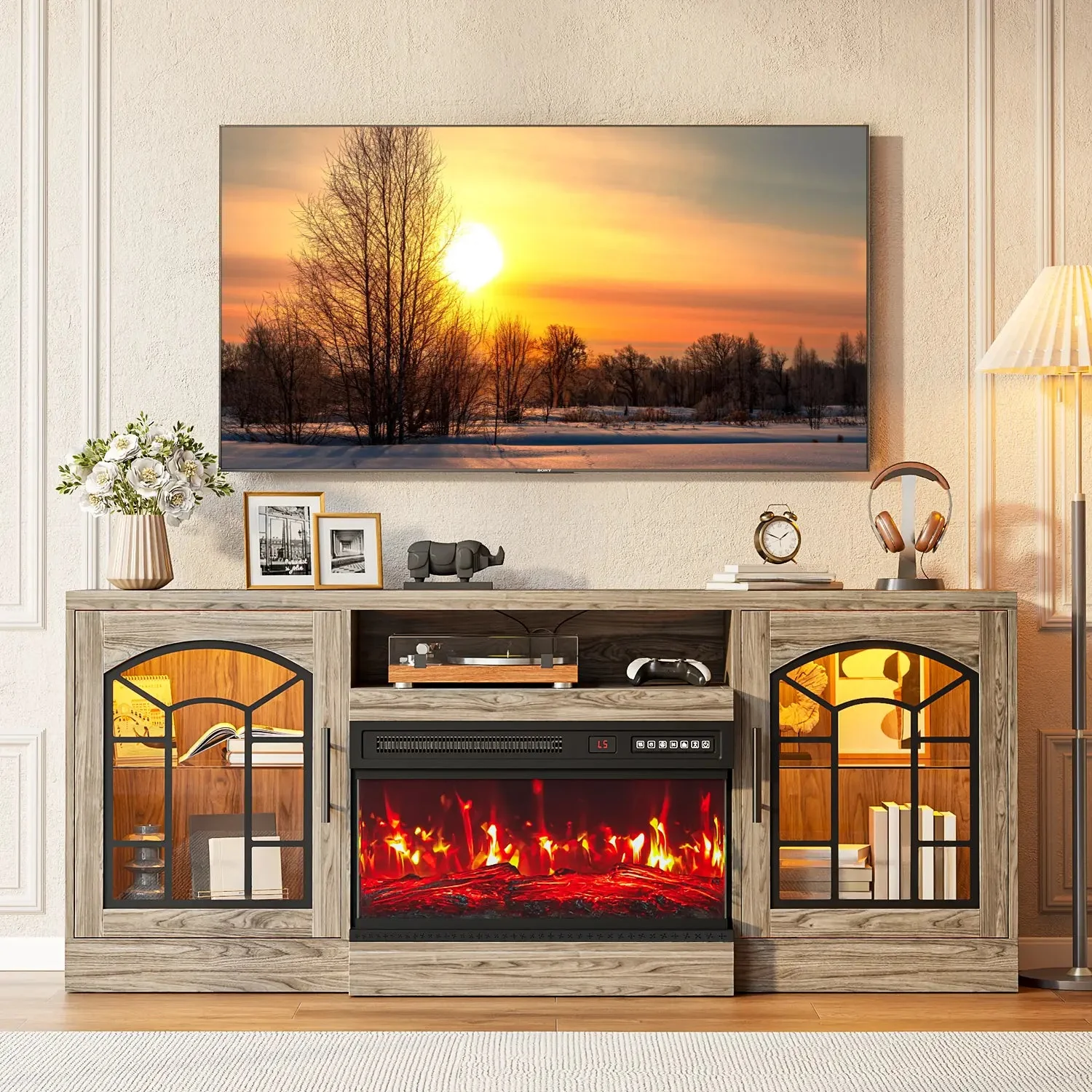 WALEAF 60'' Fireplace TV Stand,3 Sided Glass Media Entertainment Center Console Table for TVs up to 70'' with Storage Drawers & Cabinets with LED Flame and Lights for Living Room - Image 18