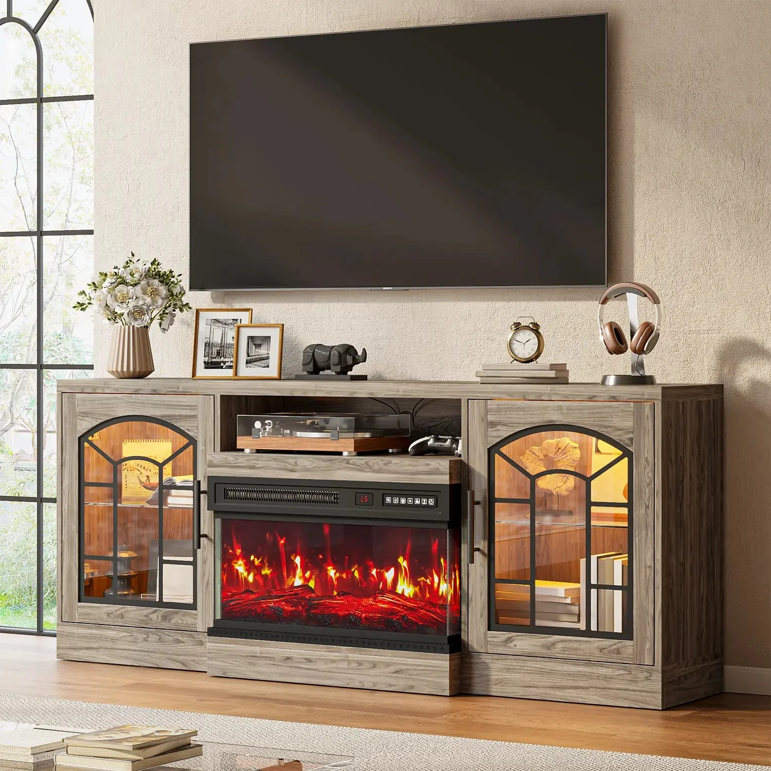 WALEAF 60'' Fireplace TV Stand,3 Sided Glass Media Entertainment Center Console Table for TVs up to 70'' with Storage Drawers & Cabinets with LED Flame and Lights for Living Room - Image 2