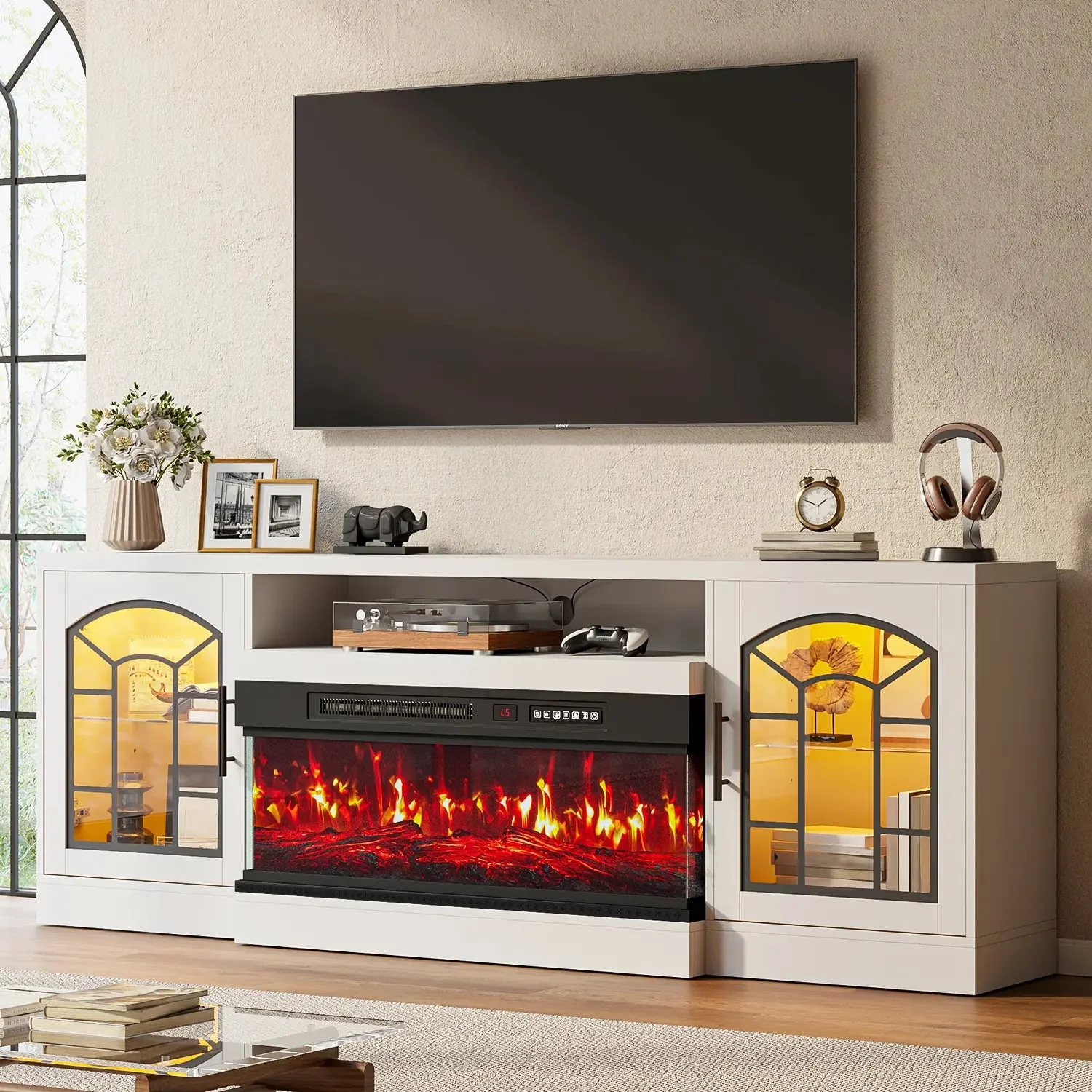WALEAF 60'' Fireplace TV Stand,3 Sided Glass Media Entertainment Center Console Table for TVs up to 70'' with Storage Drawers & Cabinets with LED Flame and Lights for Living Room - Image 3