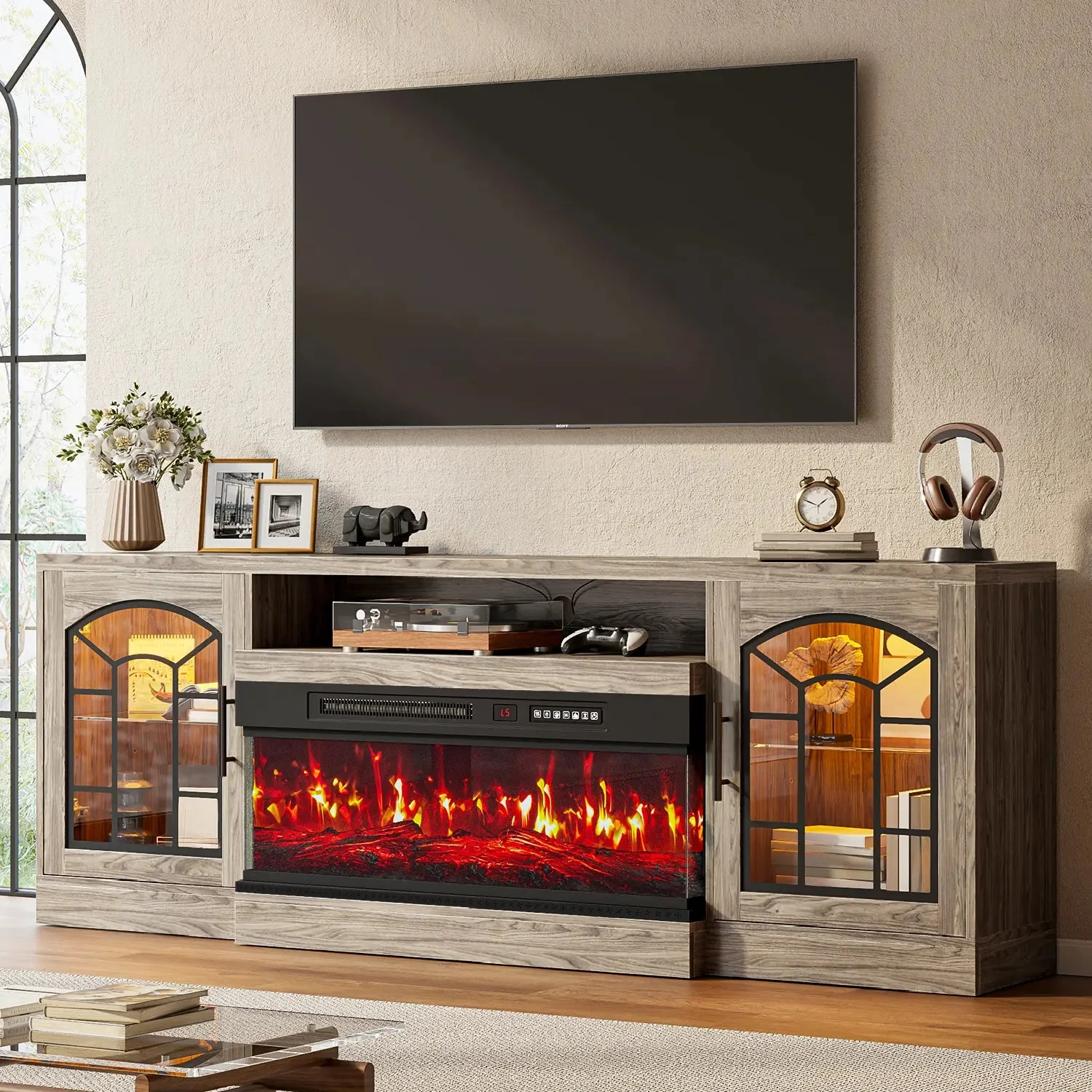 WALEAF 60'' Fireplace TV Stand,3 Sided Glass Media Entertainment Center Console Table for TVs up to 70'' with Storage Drawers & Cabinets with LED Flame and Lights for Living Room - Image 4