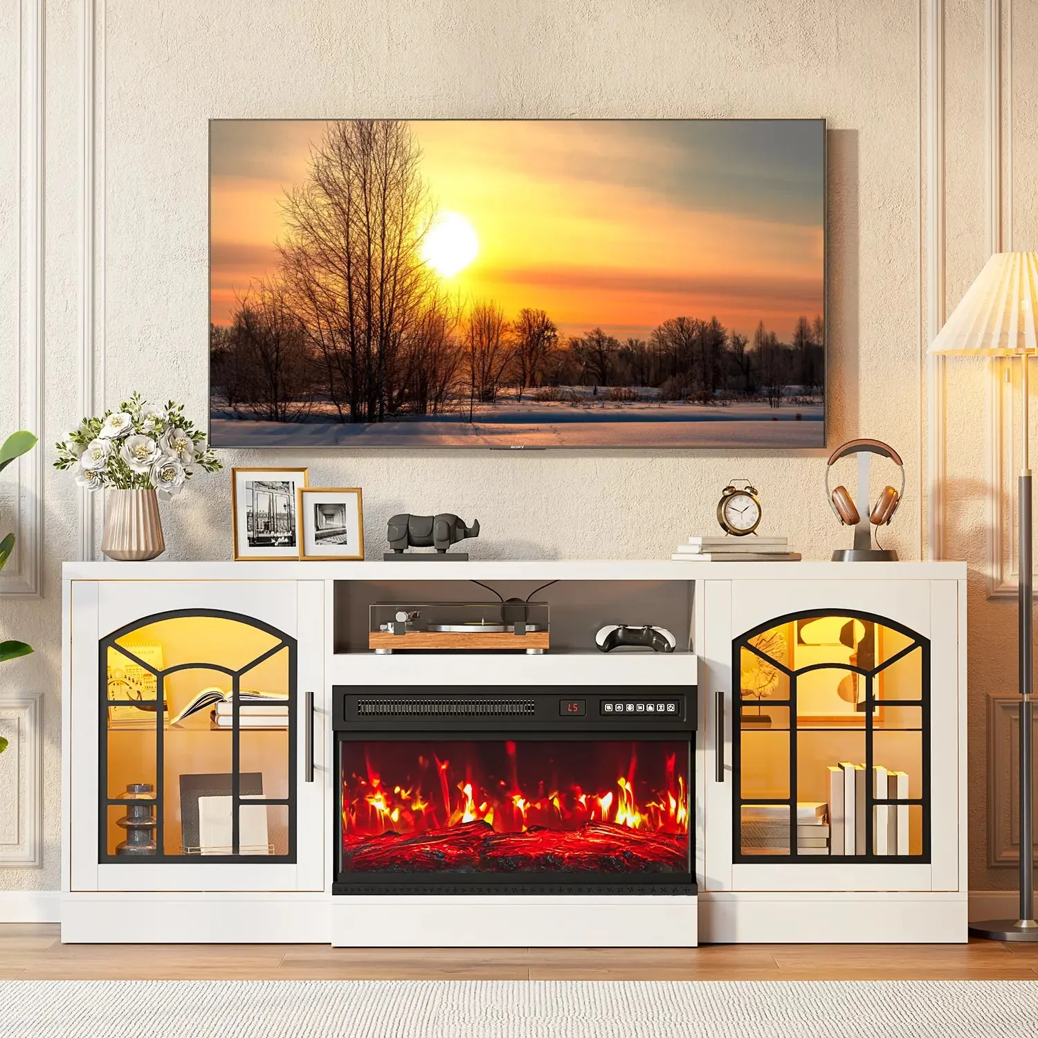 WALEAF 60'' Fireplace TV Stand,3 Sided Glass Media Entertainment Center Console Table for TVs up to 70'' with Storage Drawers & Cabinets with LED Flame and Lights for Living Room - Image 5