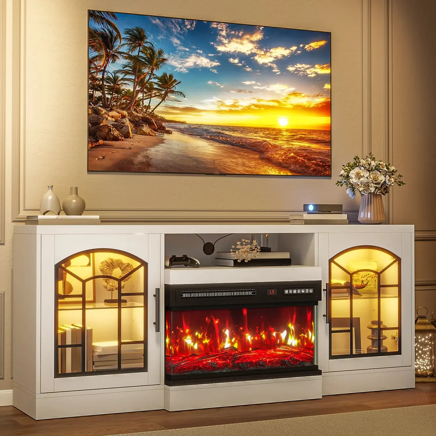 WALEAF 60'' Fireplace TV Stand,3 Sided Glass Media Entertainment Center Console Table for TVs up to 70'' with Storage Drawers & Cabinets with LED Flame and Lights for Living Room - Image 7