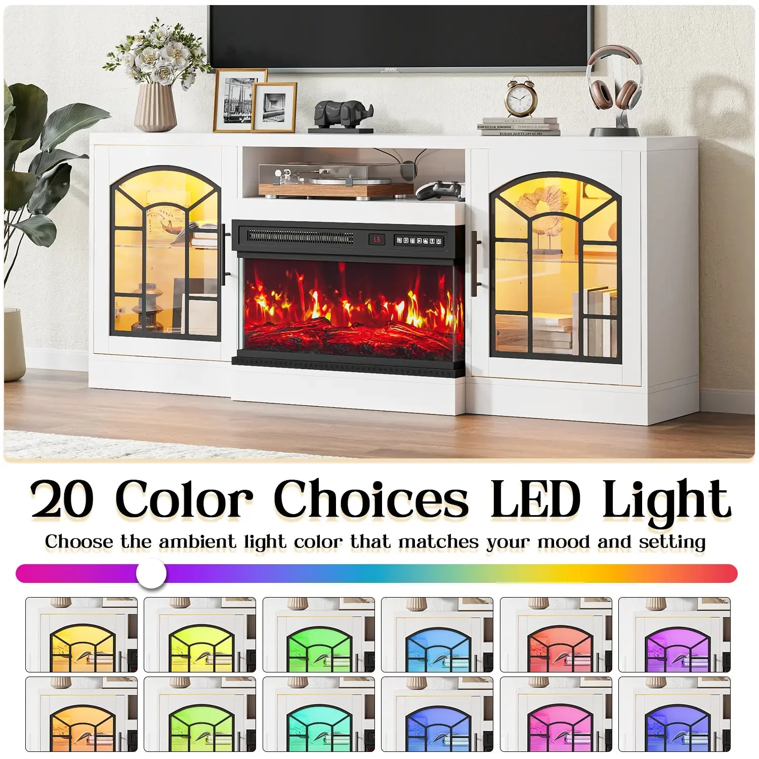 WALEAF 60'' Fireplace TV Stand,3 Sided Glass Media Entertainment Center Console Table for TVs up to 70'' with Storage Drawers & Cabinets with LED Flame and Lights for Living Room - Image 8