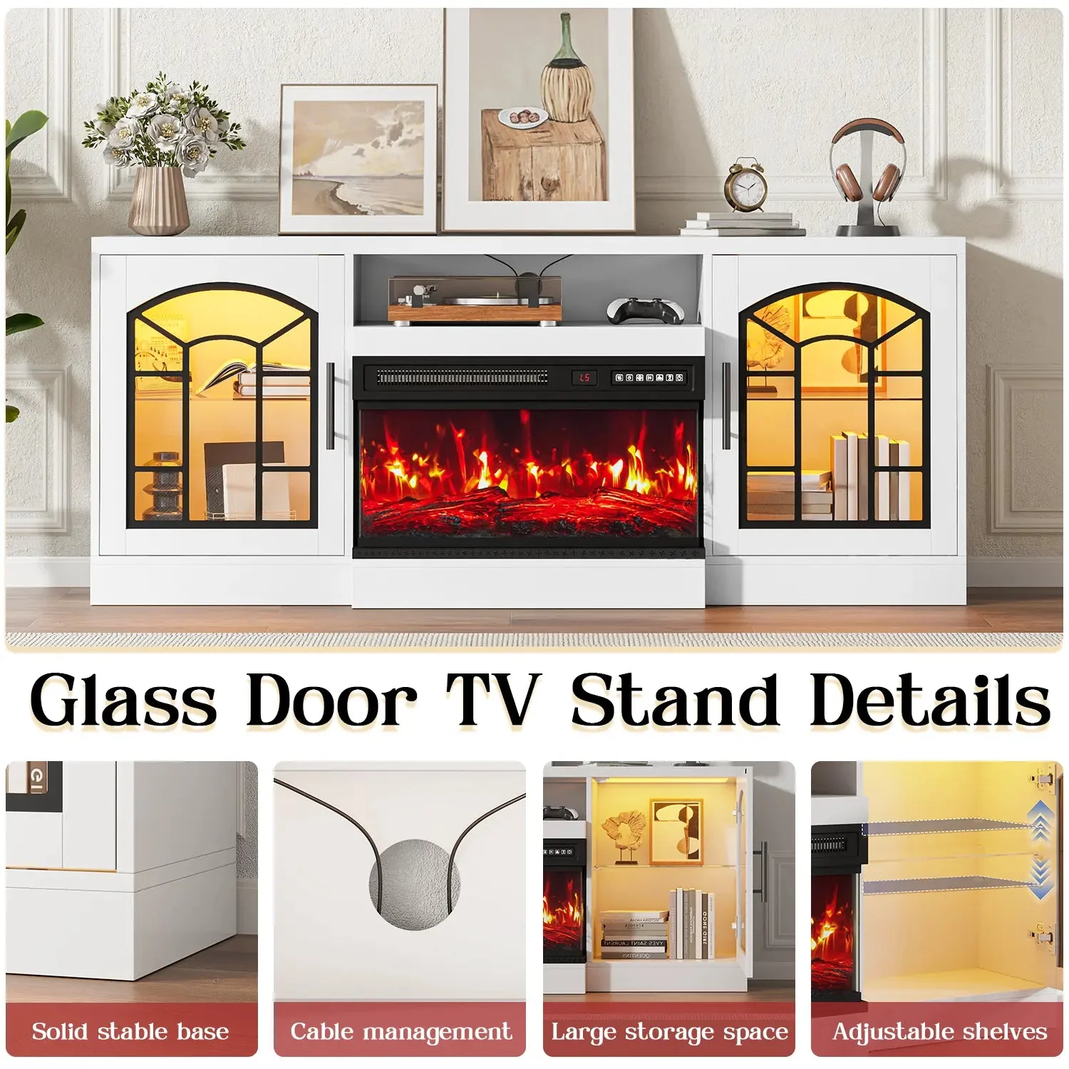 WALEAF 60'' Fireplace TV Stand,3 Sided Glass Media Entertainment Center Console Table for TVs up to 70'' with Storage Drawers & Cabinets with LED Flame and Lights for Living Room - Image 9