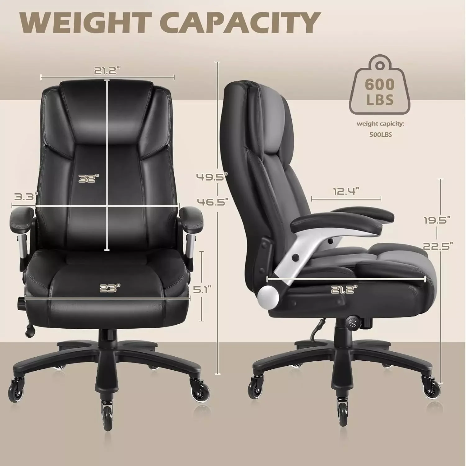 VITESSE 600lbs Large Heavy Duty Office Chair with Flip up Armrest, Big and Tall Office Chair - Image 3