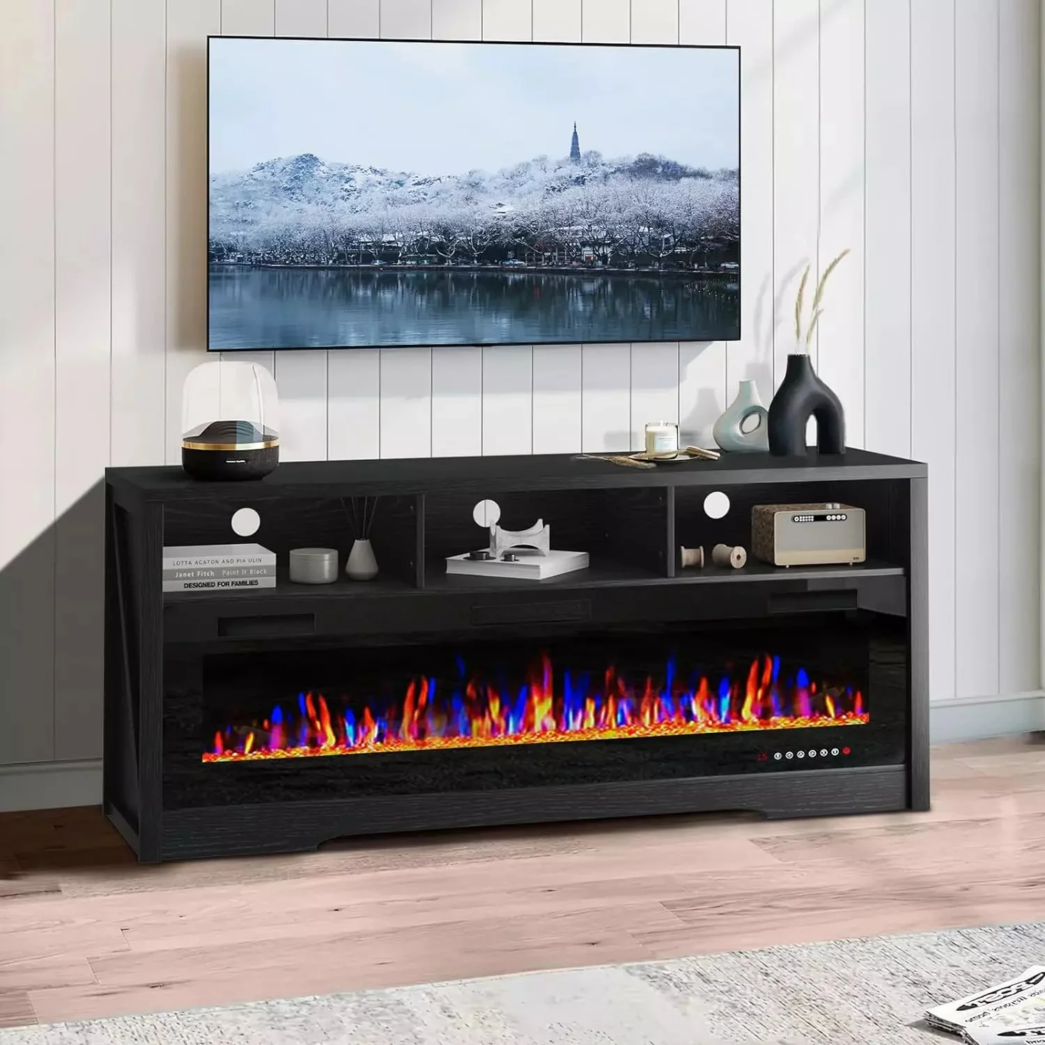 WALEAF 65 inches Fireplace TV Stand for TVs Up to 75" TV with 60" Electric Fireplace