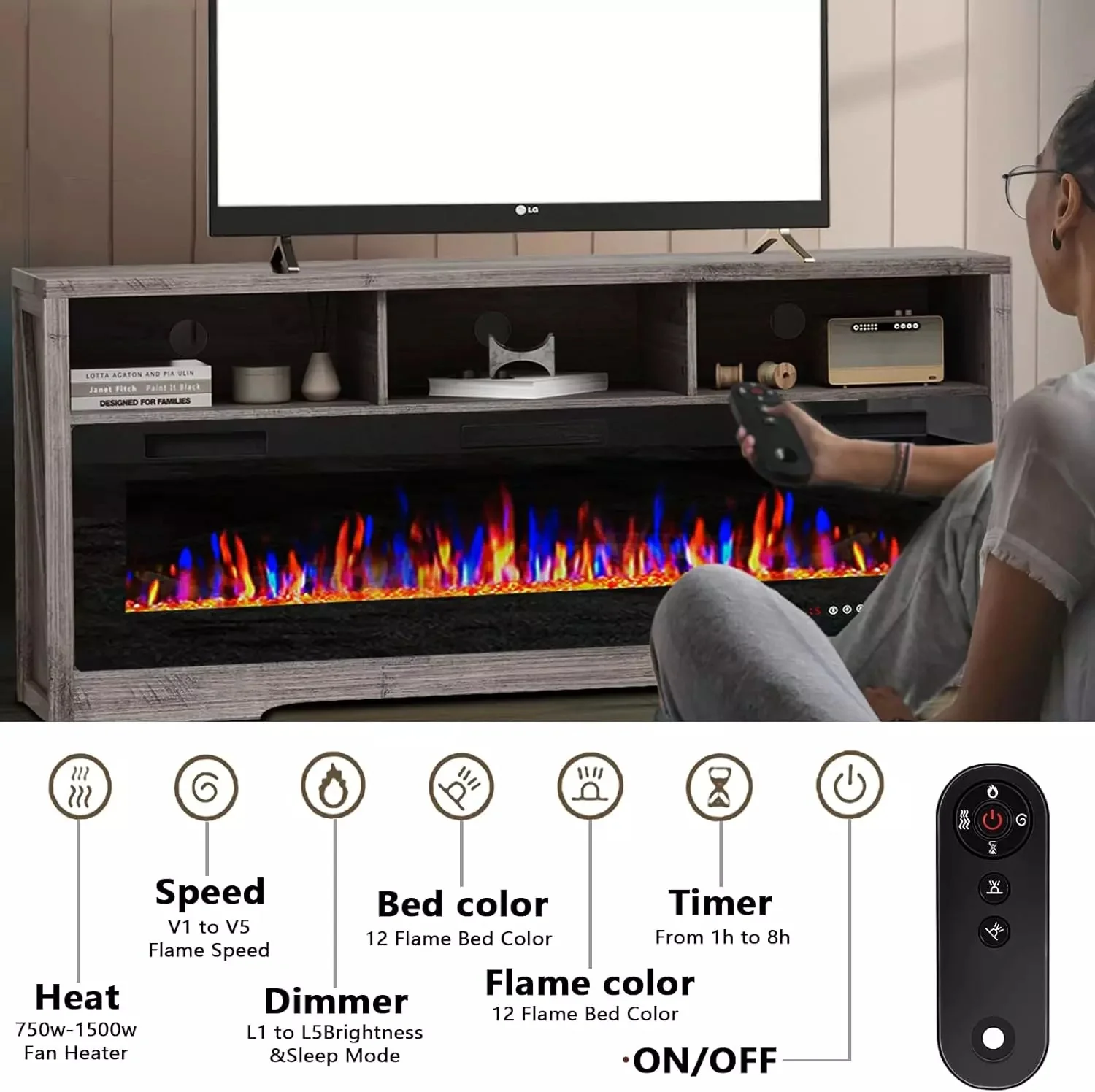 WALEAF 65 inches Fireplace TV Stand for TVs Up to 75" TV with 60" Electric Fireplace - Image 13