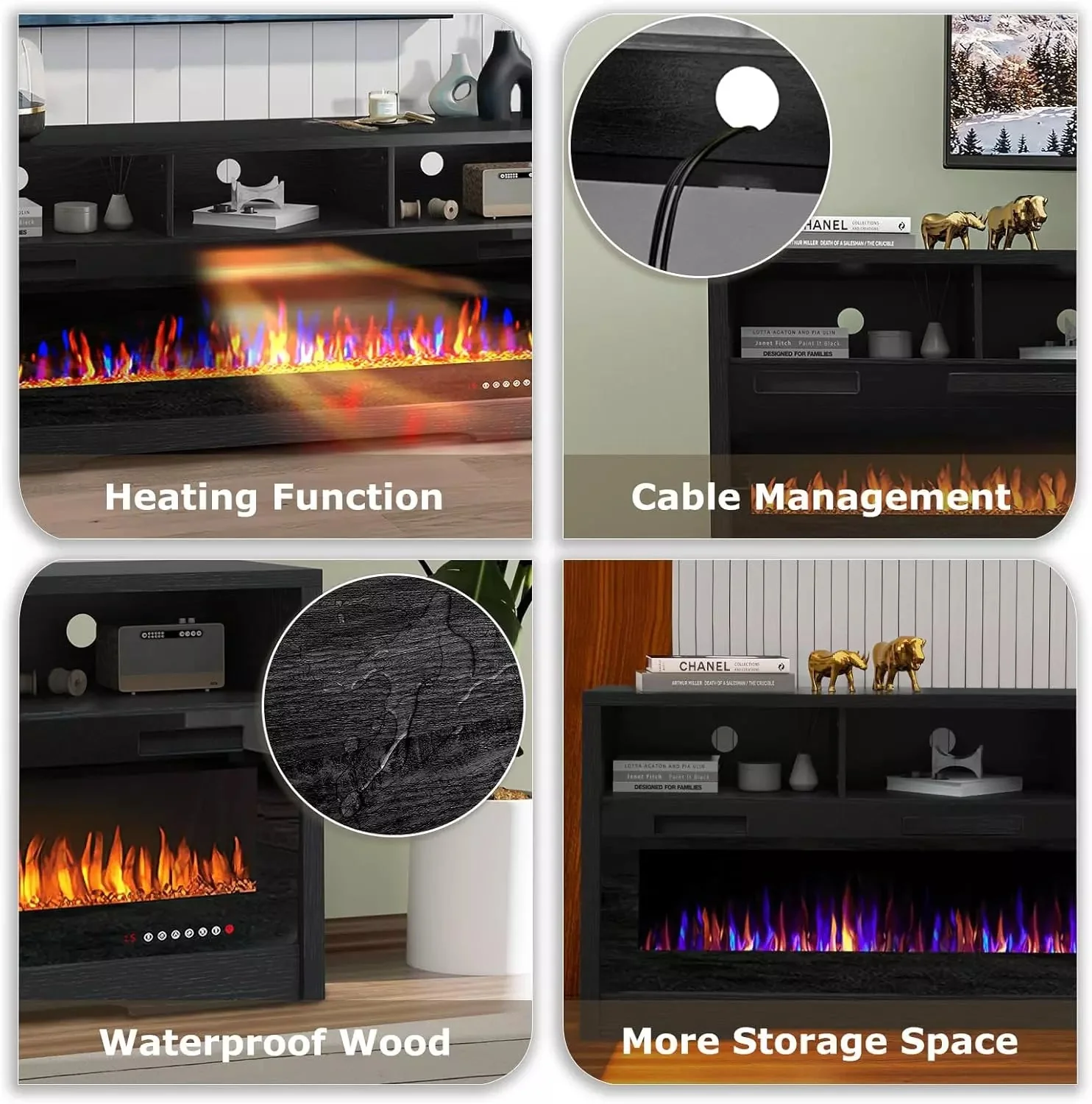 WALEAF 65 inches Fireplace TV Stand for TVs Up to 75" TV with 60" Electric Fireplace - Image 3