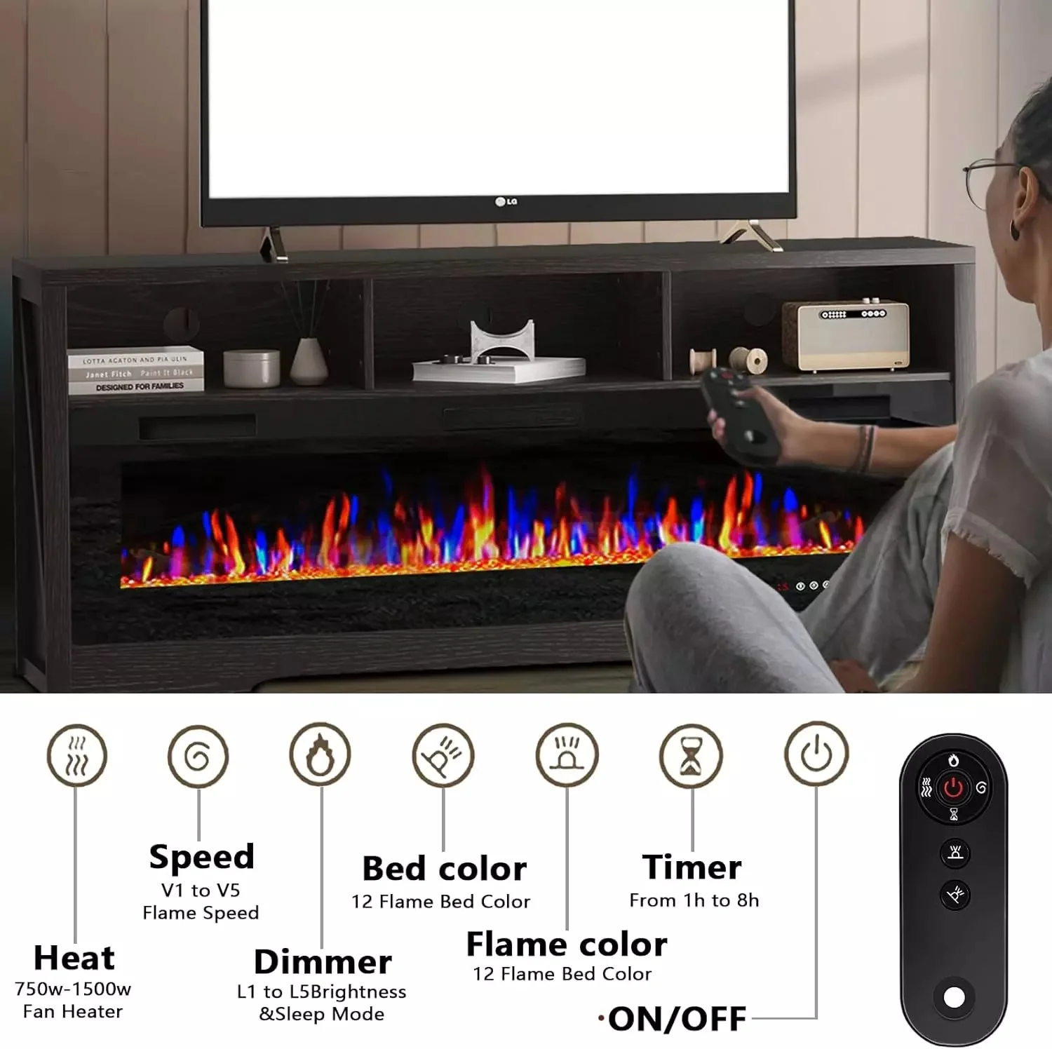 WALEAF 65 inches Fireplace TV Stand for TVs Up to 75" TV with 60" Electric Fireplace - Image 6