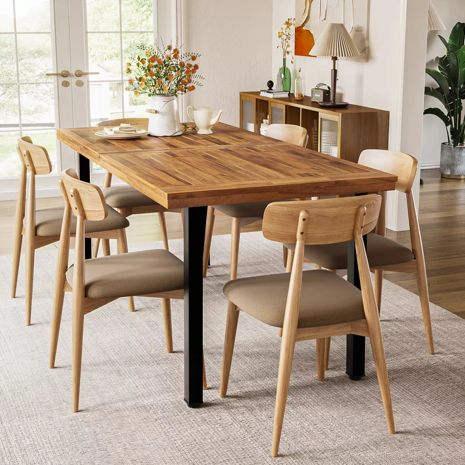 Waleaf 69" Acacia Wood Dining Table Set for 6-8 Person, Natural Stained Indoor Outdoor Kitchen Table with Iron Legs