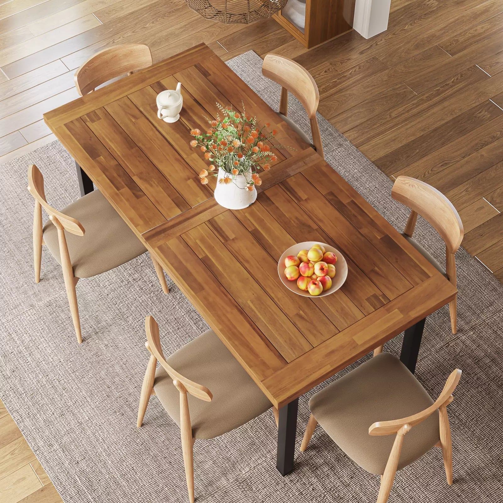 Waleaf 69" Acacia Wood Dining Table Set for 6-8 Person, Natural Stained Indoor Outdoor Kitchen Table with Iron Legs - Image 2