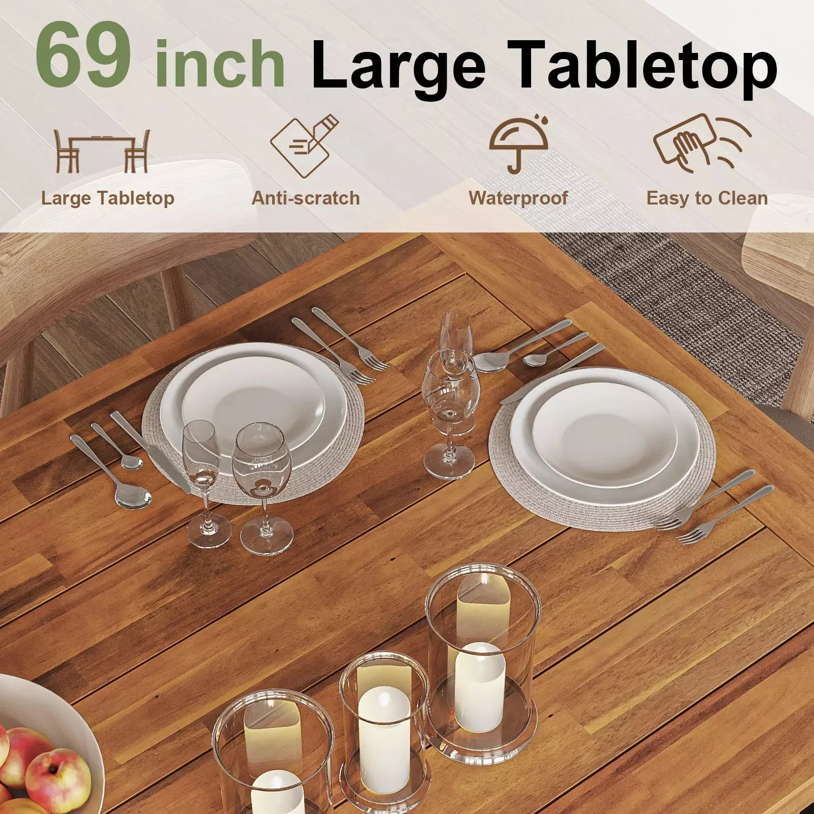 Waleaf 69" Acacia Wood Dining Table Set for 6-8 Person, Natural Stained Indoor Outdoor Kitchen Table with Iron Legs - Image 3